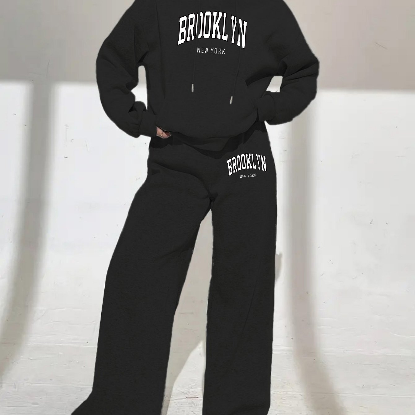 TEMU Women's Winter Outfit Featuring A Hooded Top With Pockets And Straight-leg Pants, Stylish And Versatile For Casual Wear