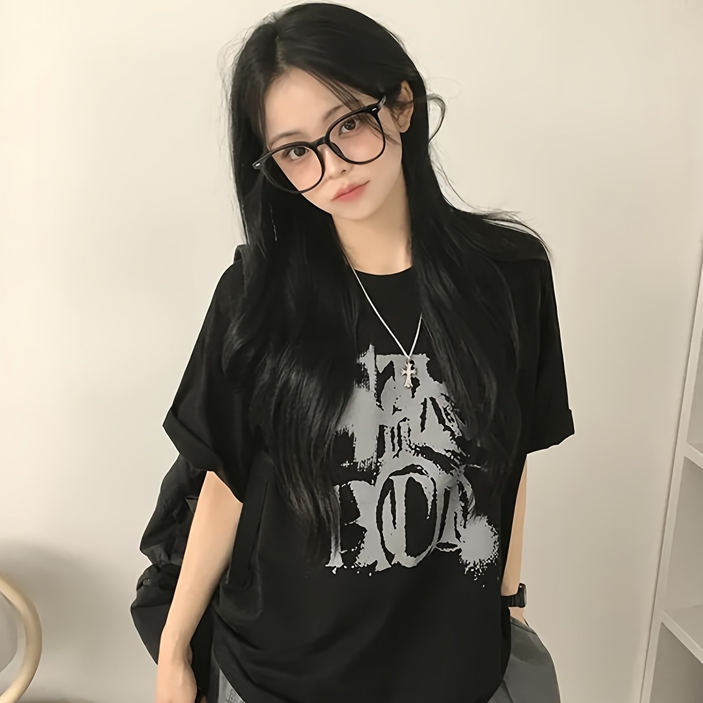 TEMU 더블 섀도우 레터 프린트 패턴 루즈 탑 여름 반팔 남녀 티셔츠