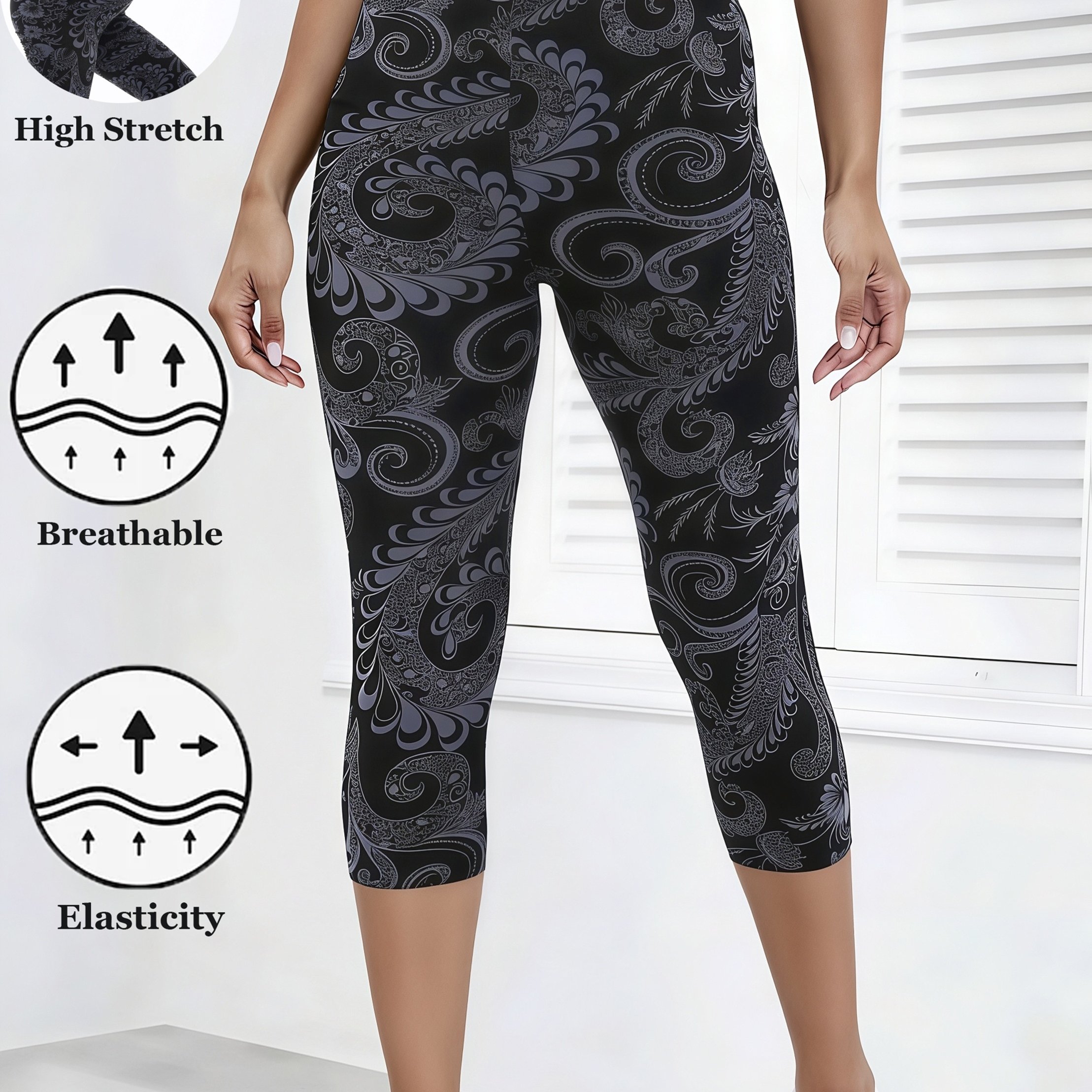 TEMU Sommerliche Mode Lässige Elegante Damen Paisley Print Sieben-Punkt Leggings, Tief ausgeschnittene Dekorative -Blumenmuster Retro Ethnische Stil
