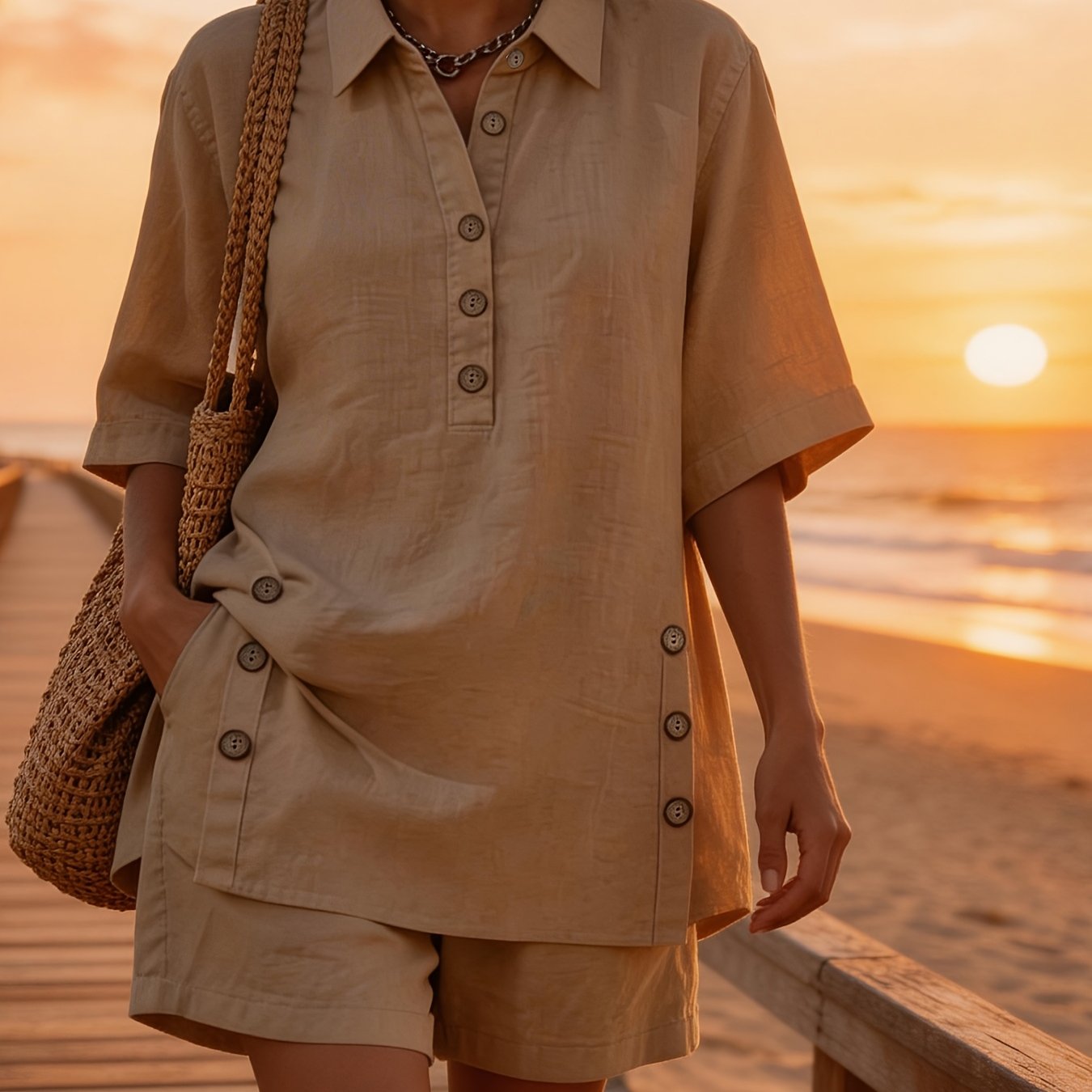 TEMU Set da donna 2 pezzi, elegante camicia abbottonata a e shorts con tasche, per abbigliamento primaverile estivo, outfit primaverile, outfit