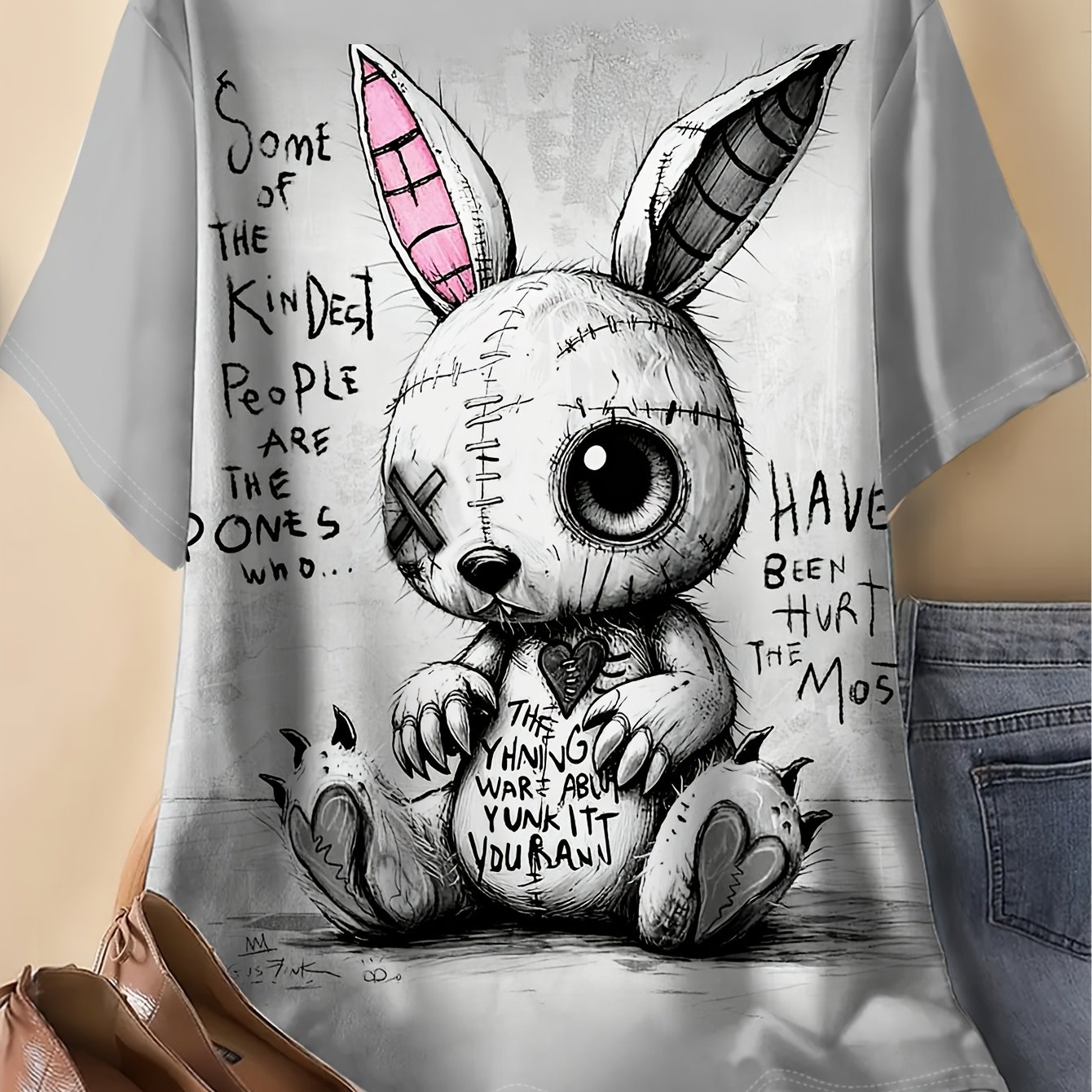 TEMU Plus Size, Women's Plus Size Graphic T-shirt - Summer Collection With Doll And Letter Print, Post-apocalyptic Style, Machine Washable, Suitable