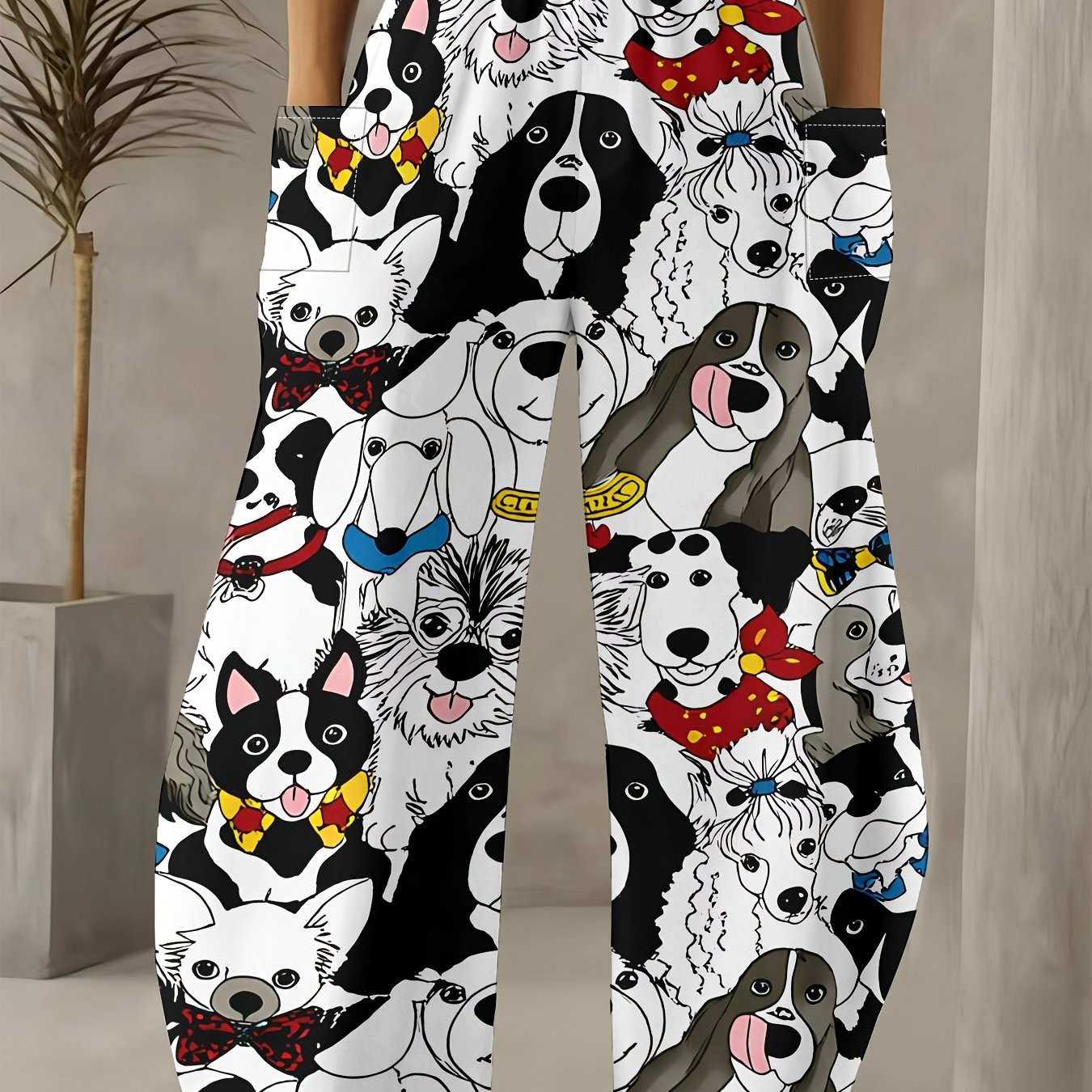 TEMU Women's Wide-leg Pants Featuring A Black And White Cartoon Dog Print, A -themed Casual Look