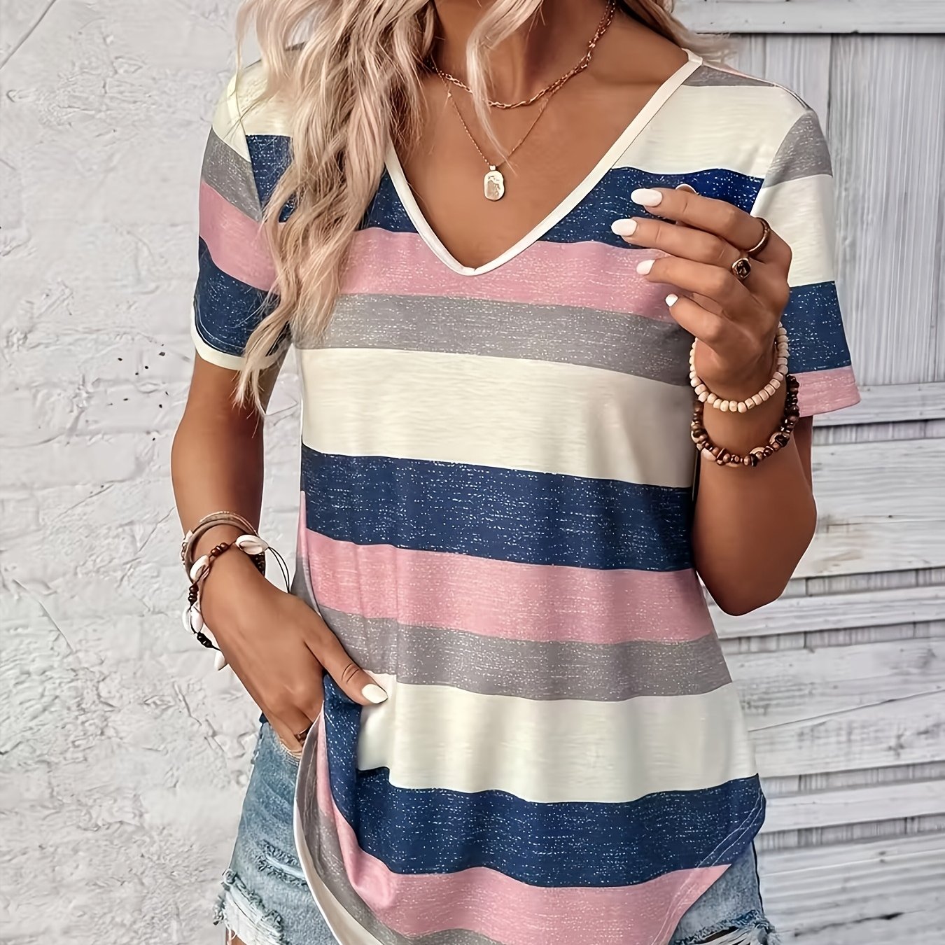 E-shop Damen Sommer Color-Block T-Shirt mit V-Ausschnitt kurzen Ärmeln