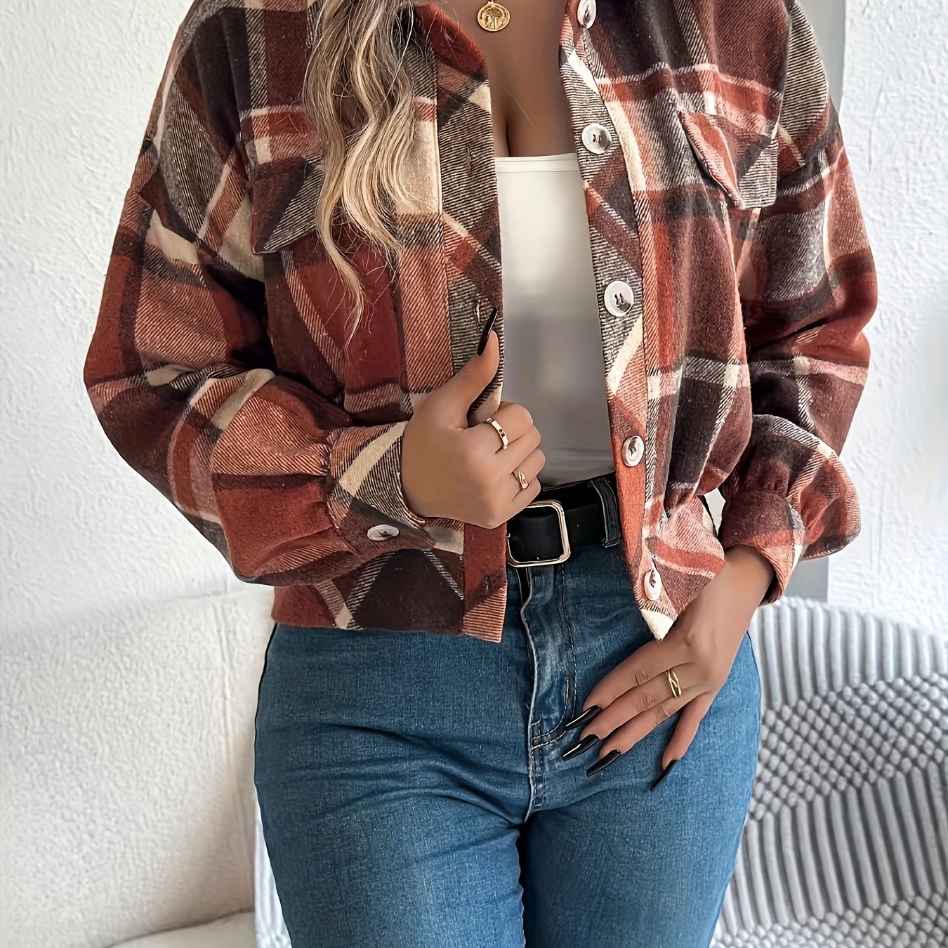 TEMU Chic Button-up Jacket For Women - Casual Long Sleeve, Collared Outerwear With Pockets, Machine Washable - Perfect For Fall/winter