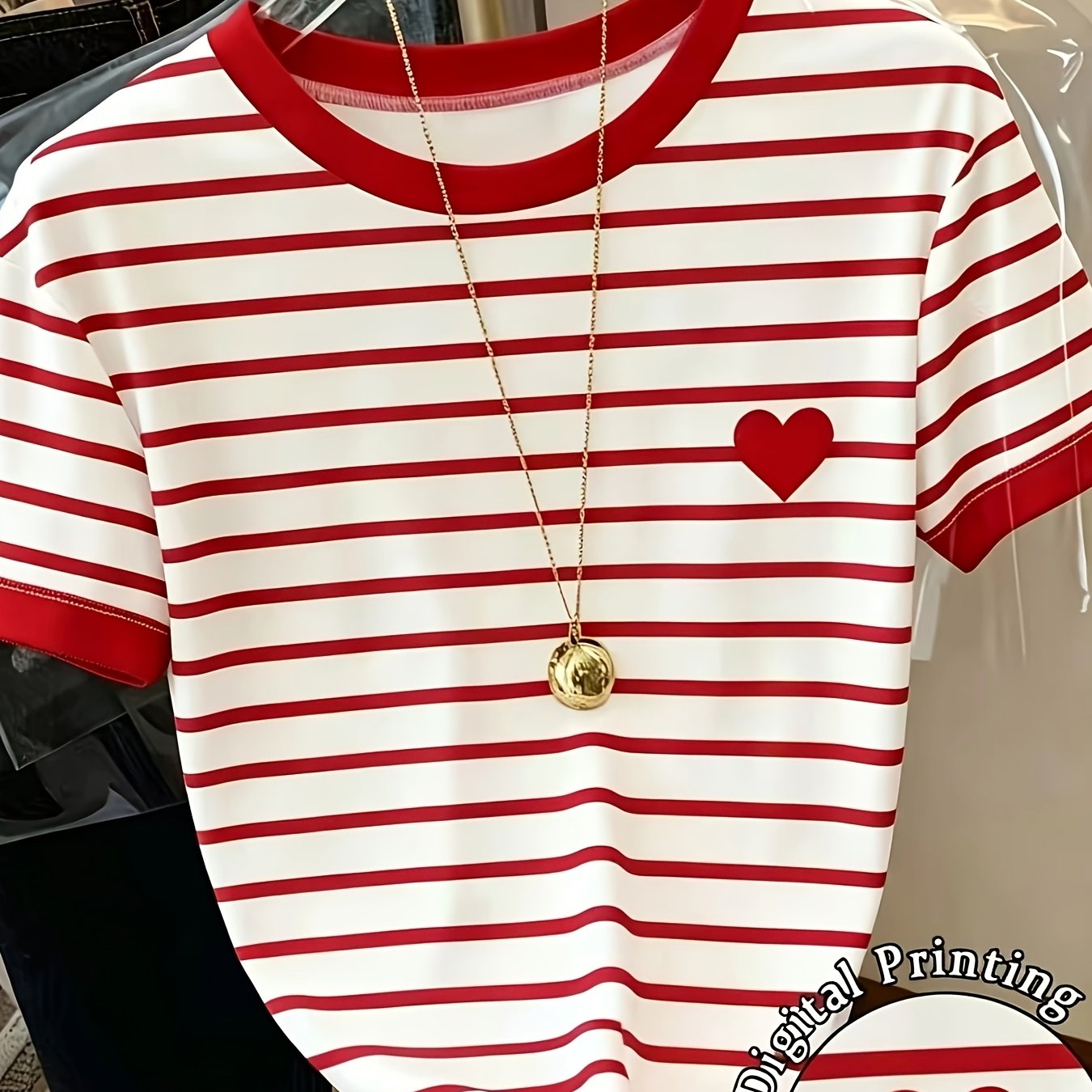 TEMU Plmm Directional Style, Summer Korean , Style Versatile Striped Round Neck T-shirt