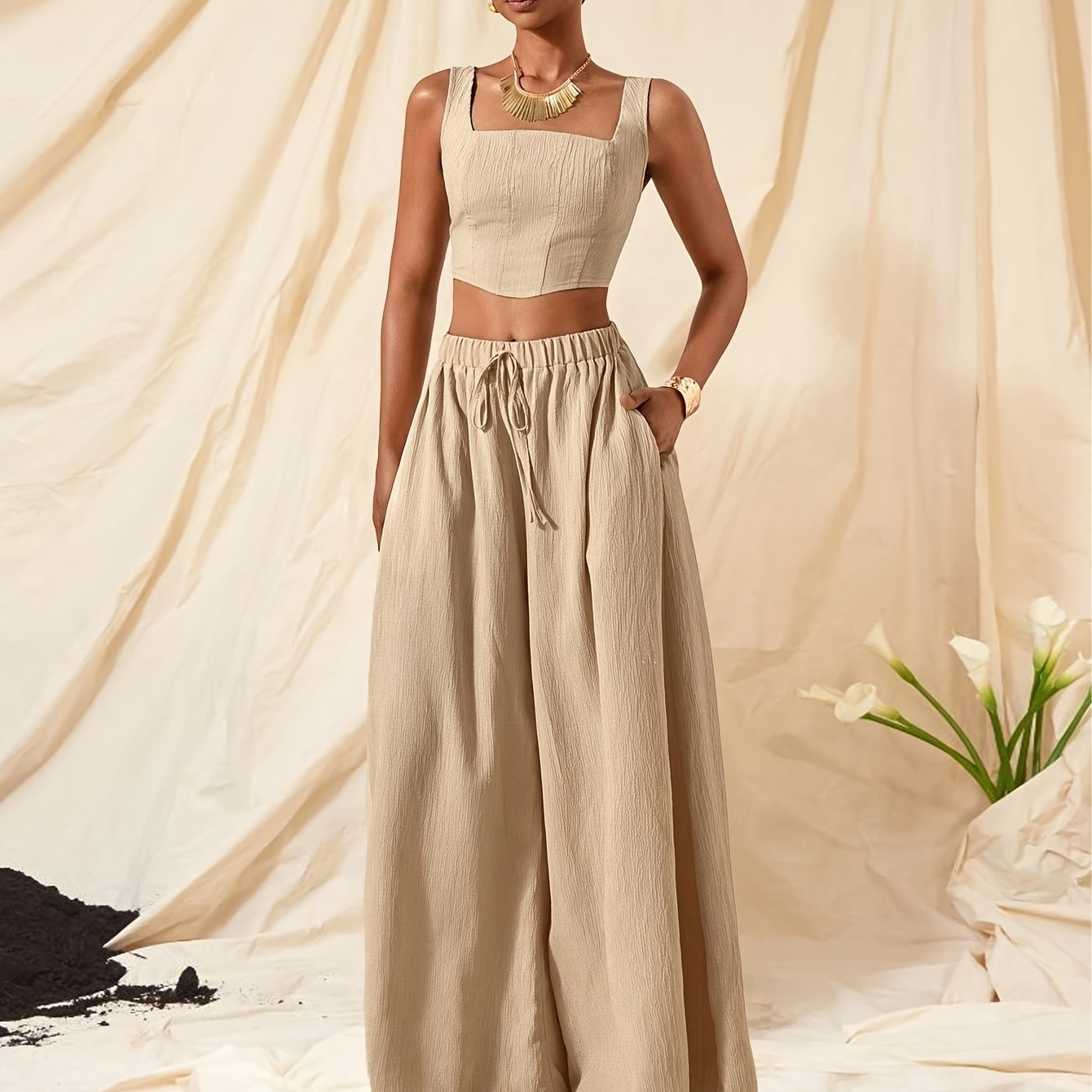 TEMU 2025 / Casual Fishbone Cami Top And Wide-leg Pants With Pockets 2pcs Set, Textured Fabric Material