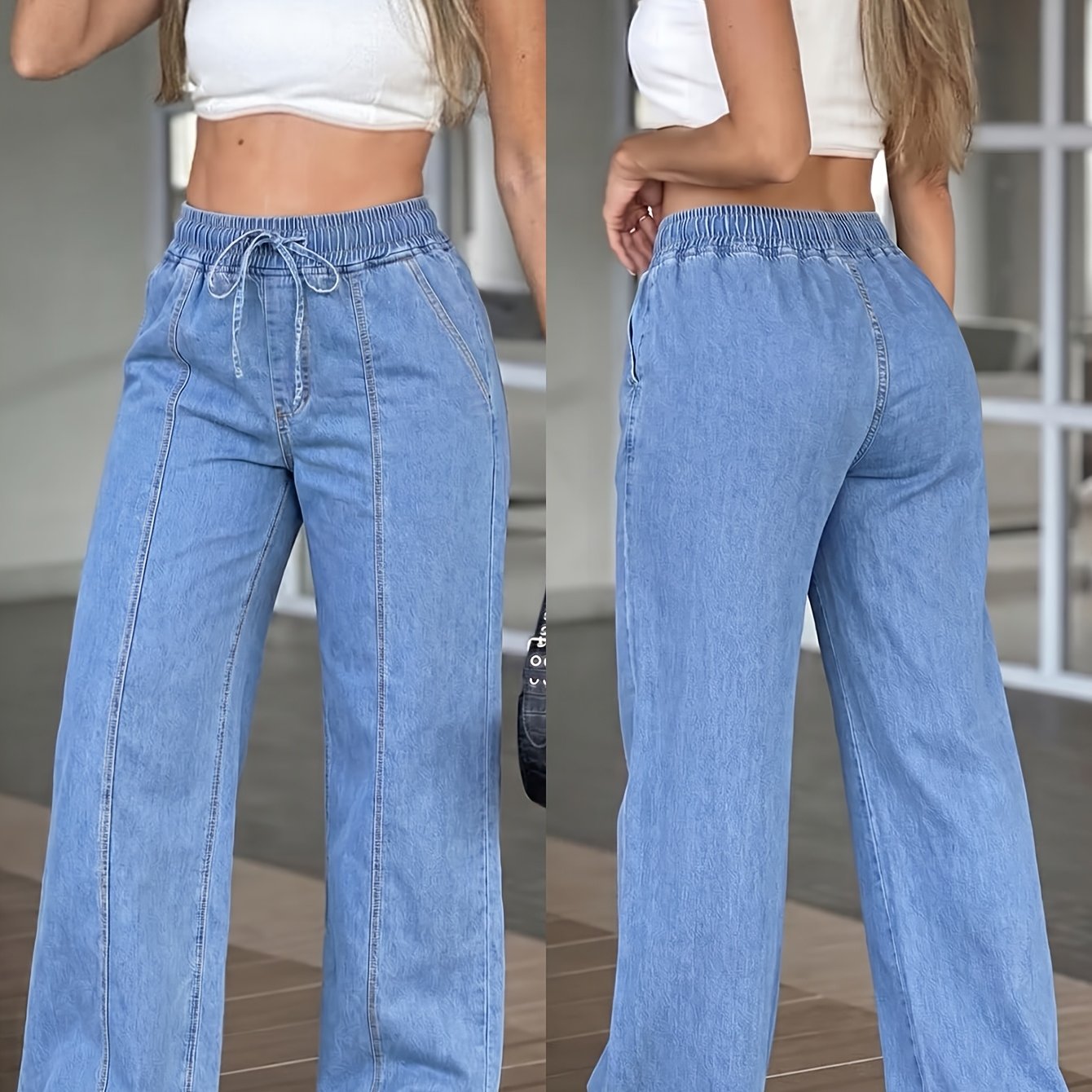TEMU Pantalones de Denim para Mujer, Ligeros y Transpirables, Cómoda Cintura con Cordón Ajustable, Pantalones Tubulares Rectos Suelos, Casuales y