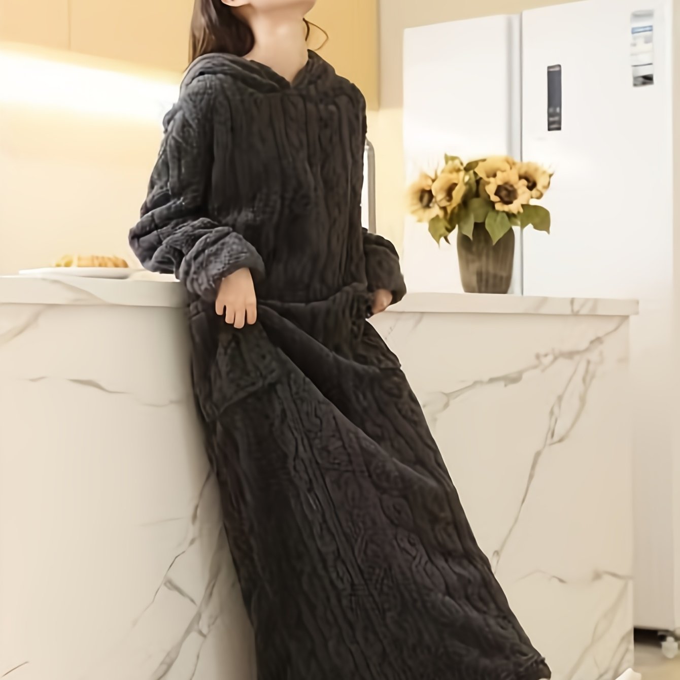 TEMU Women's Twisted Coral Thickened Plush-lined Long Robe For Autumn/winter, Cute Hooded Bathrobe Nightgown