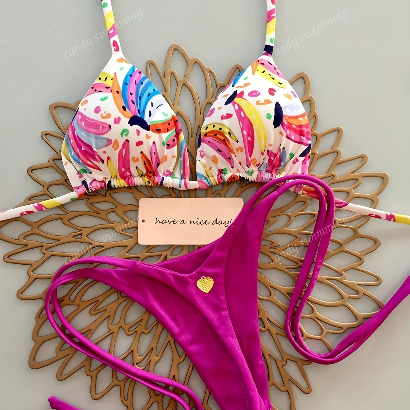 TEMU Women's Sexy Two-piece Bikini Set With Heart Metal Accent, Beach Vacation Swimsuit For Pool Parties And Swimming, Sexy Swimsuit For Women,