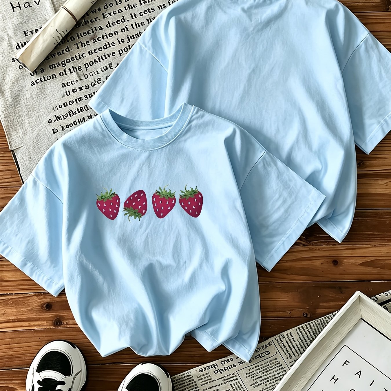 /summer White Short Sleeve T-shirt With Strawberry Print For Women - Casual Drop Shoulder, Loose And Comfortable For Daily Wear