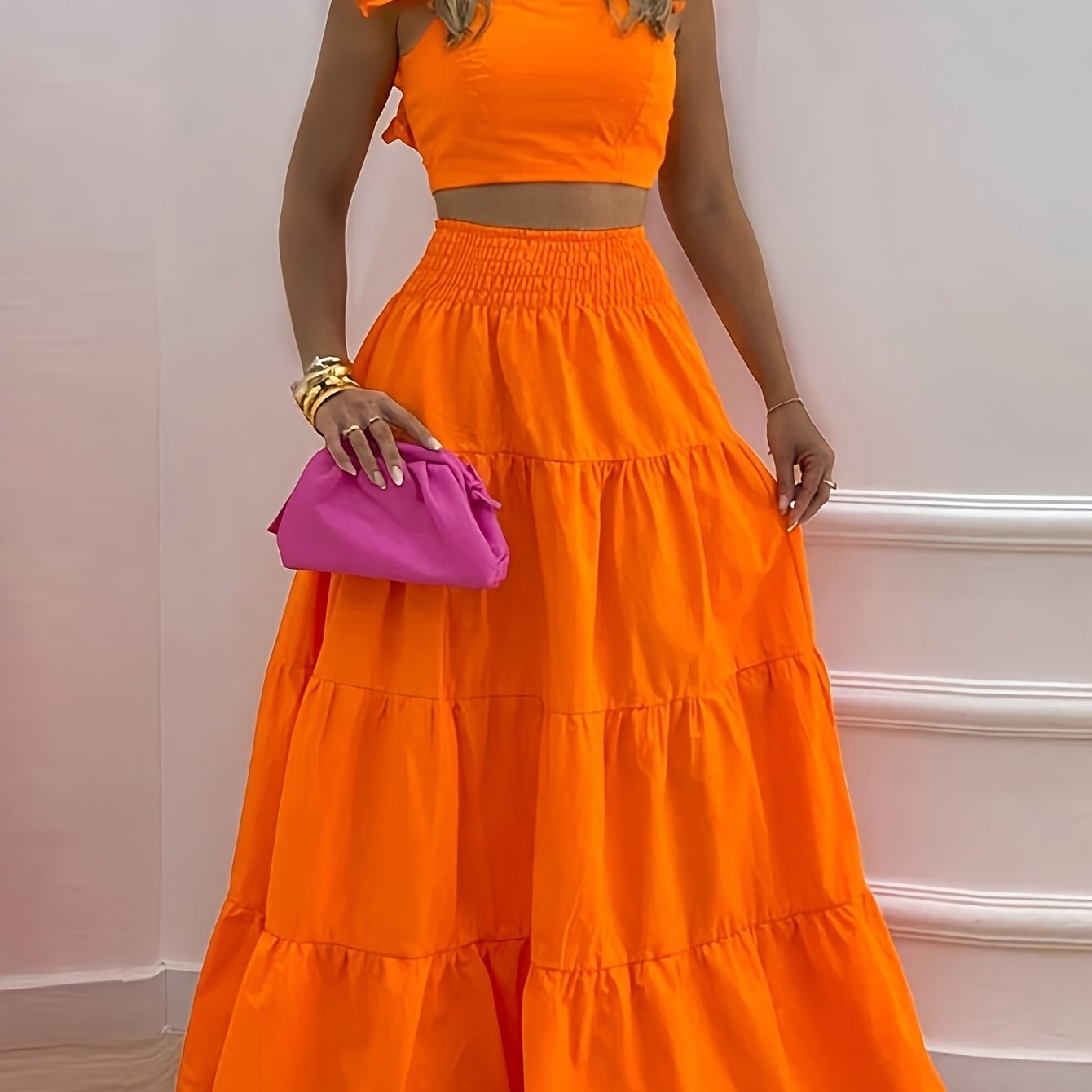 TEMU European And American New Women's Skirt Two-piece Solid Color Lace Cuff Top Suspender Vest + Large Swing Drawstring Design Skirt Suitable For