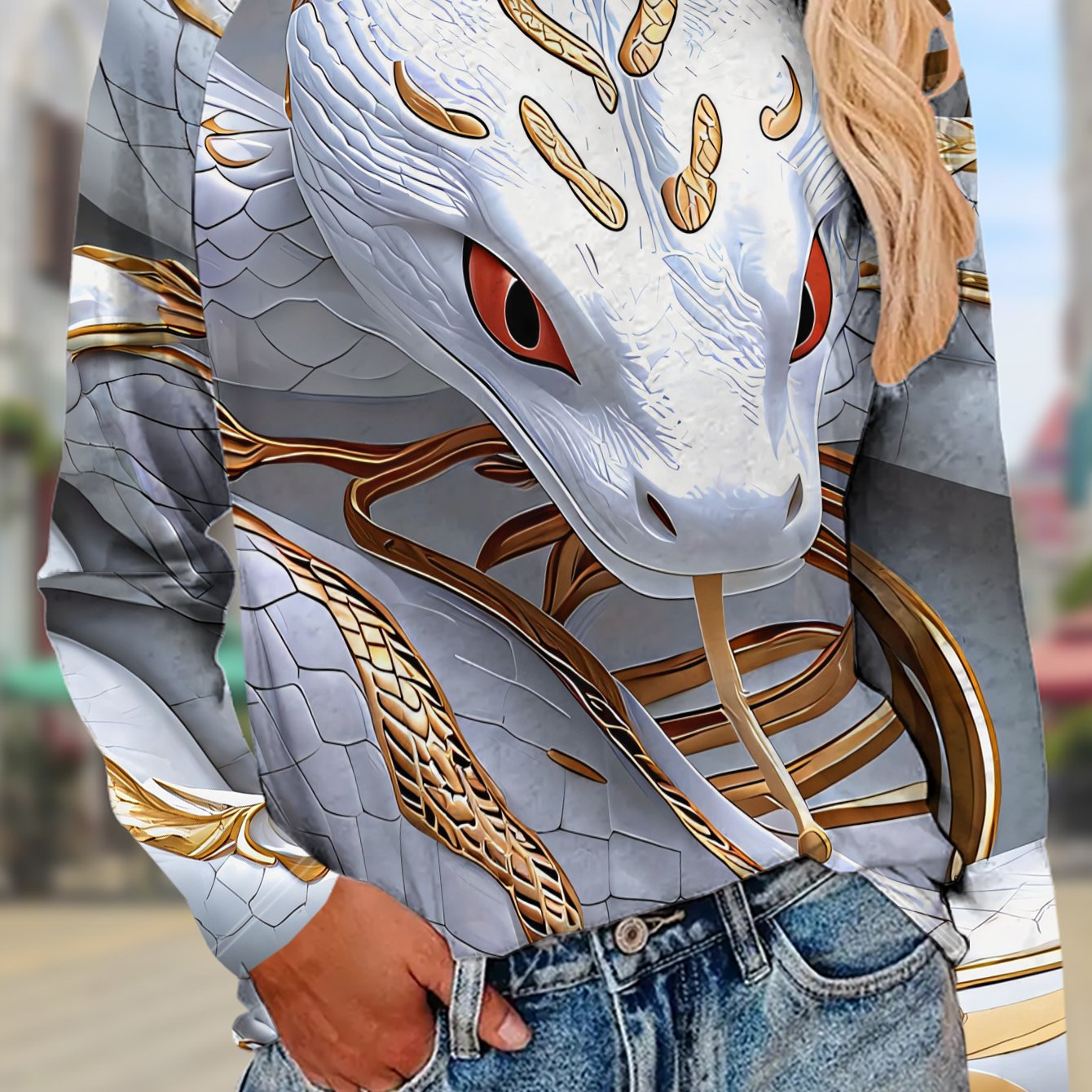 TEMU Women' And Versatile Long-sleeve T-shirt Featuring A White Snake With Golden Patterns, Red Spitting Messages, With Another Snake With Golden