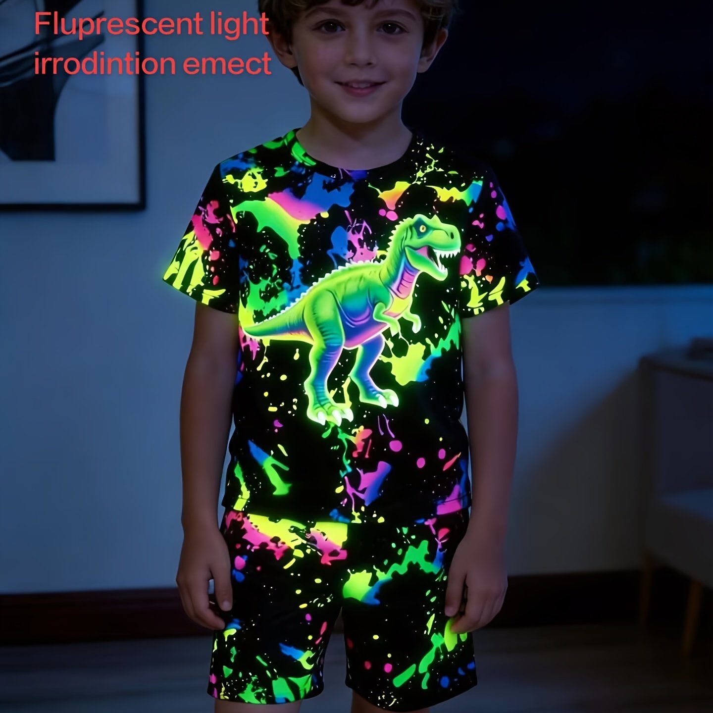 Boys' Short Sleeved T-shirt With Dinosaur Pattern Printed Top And Tie Dye Shorts 2pcs Set. Clothes With Reflective Patterns Under Purple Light At Night
