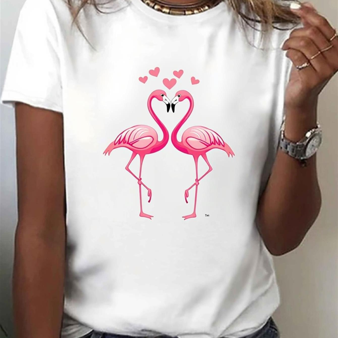 Women' Short Sleeve T-shirt With Pink Flamingo Heart Print | Casual Loose Fit Beach Top For Summer, Crew Neck Blouse For Casual Attire And Parties, Comfortable Machine Washable Shirt For Wear