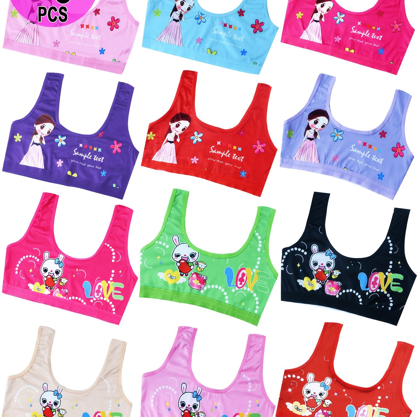 Image of 6pcs/6 Colors Jiabijiabi Girls' Thin Developmental Age Tank Tops, High V Underwear, Student Cartoon Bras, Random 7-14 Years Old