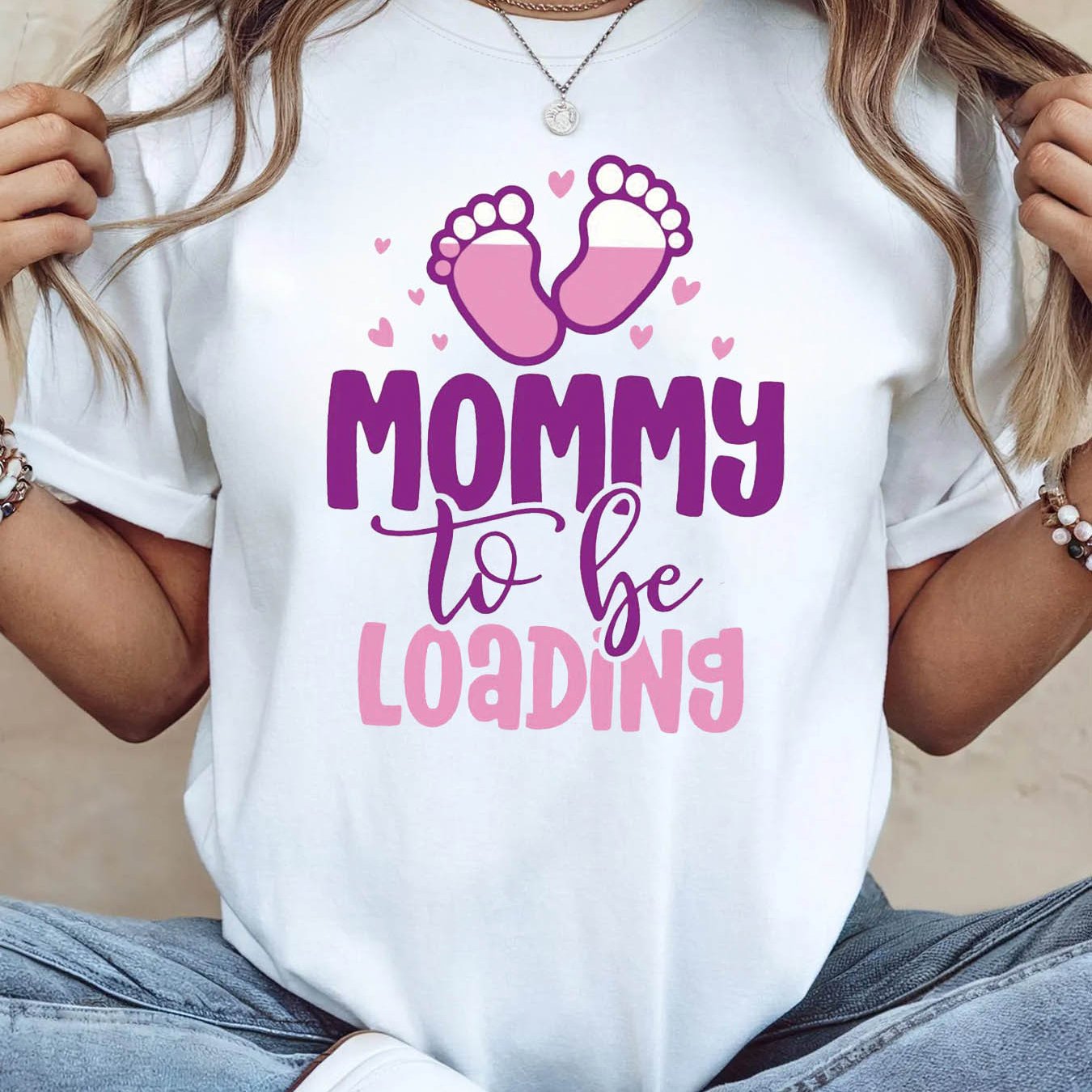 TEMU Loading Pink Footprint Print Women's T-shirt For Expectant Mothers, Suitable For Pregnancy Daily Wear And Showers, Warm And Short Sleeve, Casual