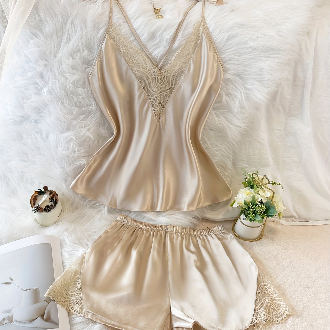 E-shop Damen-Set in Unifarben mit V-Ausschnitt, Spitzenbesatz, rückenfreiem Top Spitzenbesatz-Shorts, weich bequem, 2-teiliges Set