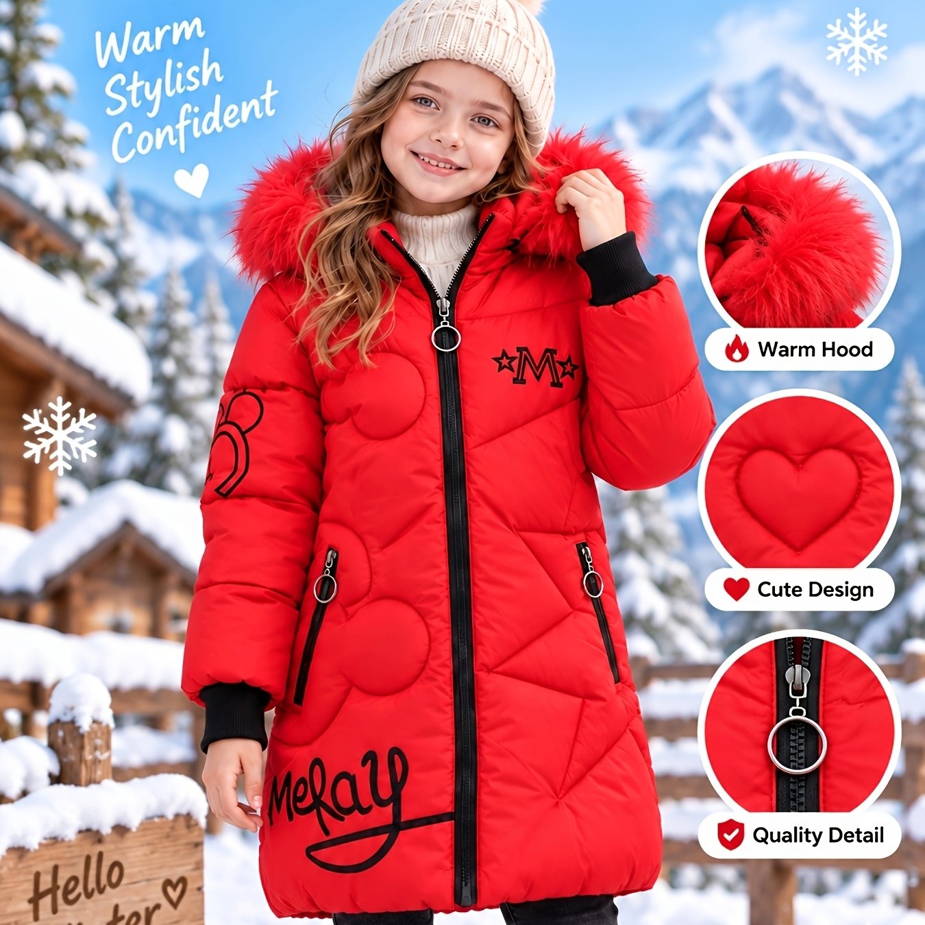 Image of Girls' Winter Hooded Cute Coat, Cartoon Embossed Pattern With Letter Embroidery, Thickened Filling For , Popular Outerwear For Girls' Autumn And Winter Outfits