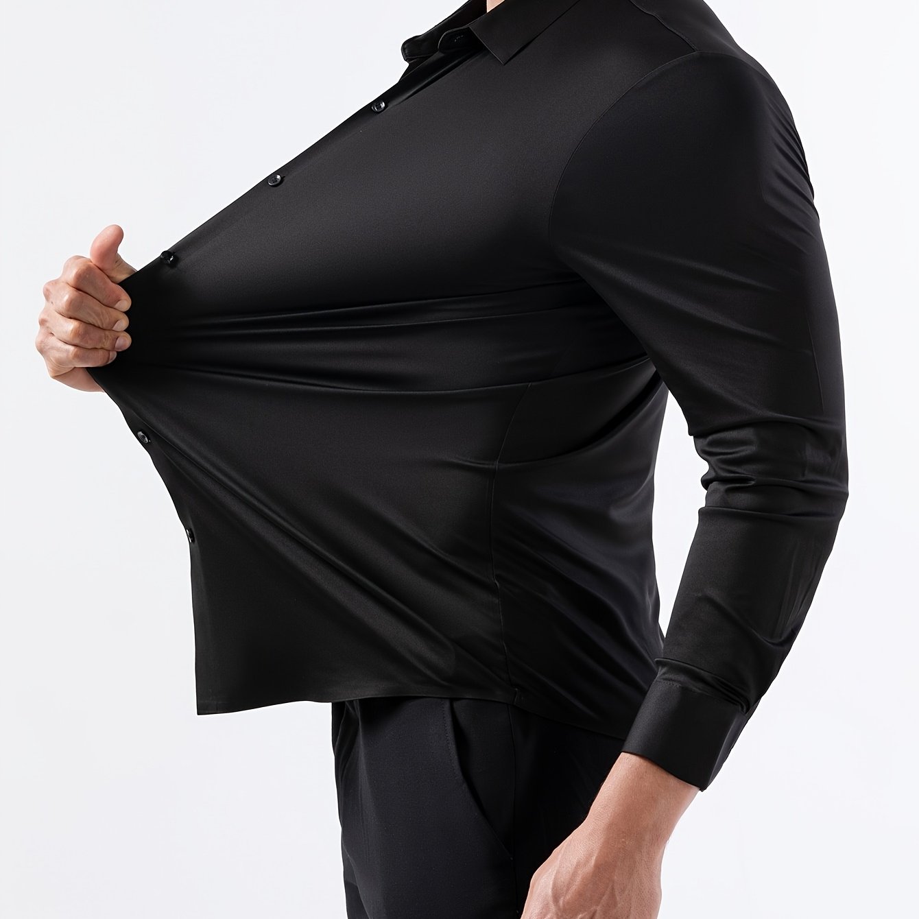 TEMU Seamless Tape-sealed High-elasticity Men's Shirt Long Sleeve Y Solid Color , 88% Polyester 12% Spandex, Smart Casual