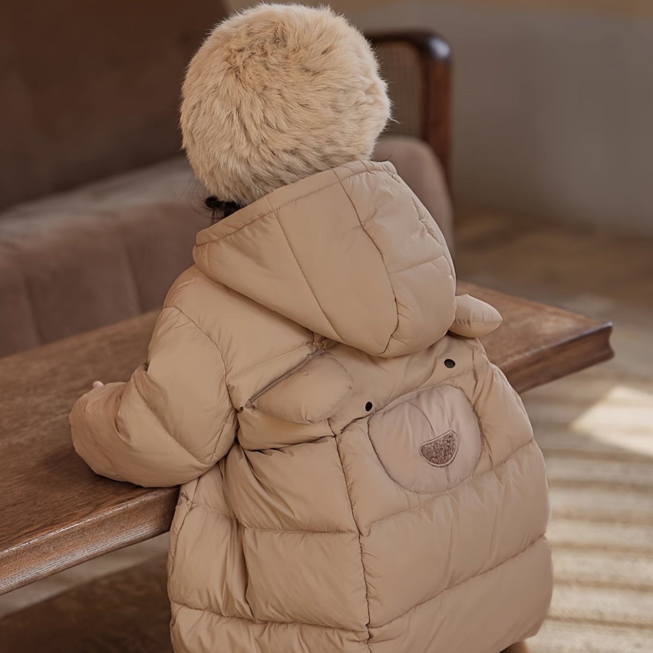 Image of Girls' New Winter Thickened Padded Coat With Adorable 3d Bear Ear Decoration, Mid-length Padded Jacket, Outdoor Casual Fashionable Snow Outerwear, 1pc