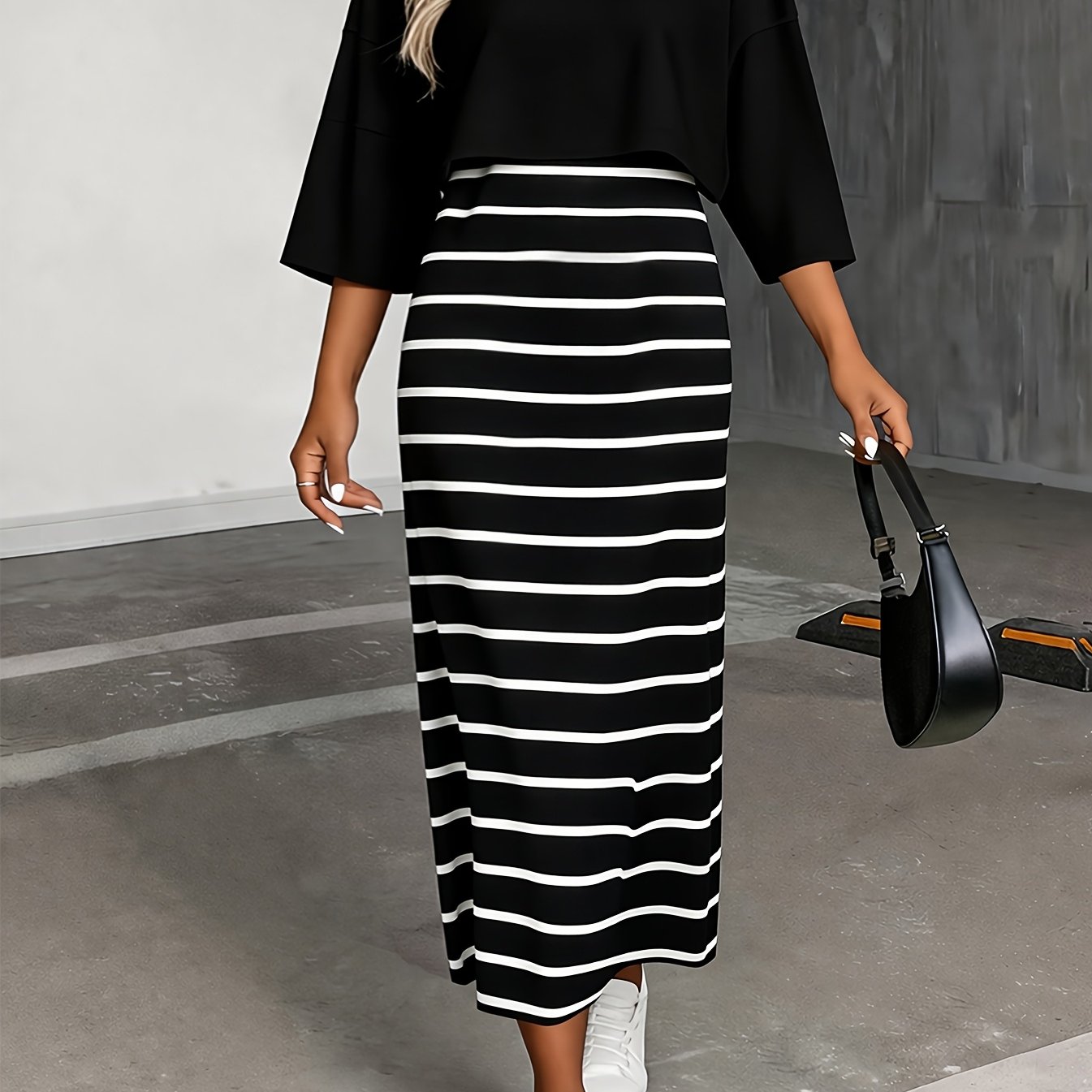 Image of 2026 New European And Summer Women's Fashion Round Neck 3/4 Sleeve T-shirt Top With Round Neck Striped Print Tank Dress Set, Stylish, Casual, And Elegant 2pcs Outfit