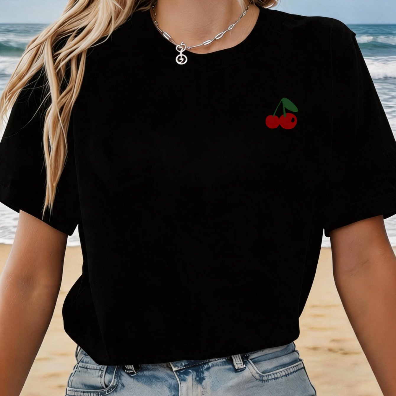 Image of Large Size 's T-shirt Cherry Pattern Printed Round Neck Short Sleeved Top Suitable For Spring And Summer Fashion Shirt Loose Fit Suitable For Outdoor Leisure And Daily Wear Machine Washable