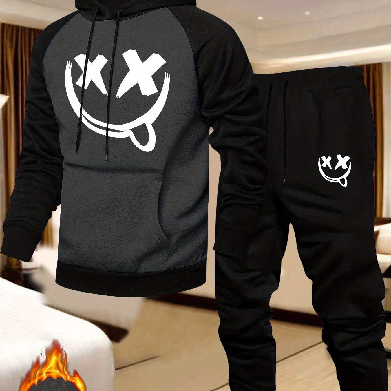 TEMU Men's Casual Sport Raglan Sleeve Face Pattern Hooded Sweatshirt 2pcs Set, Colorblock Hoodie, Casual Versatile Trendy Hoodie Set