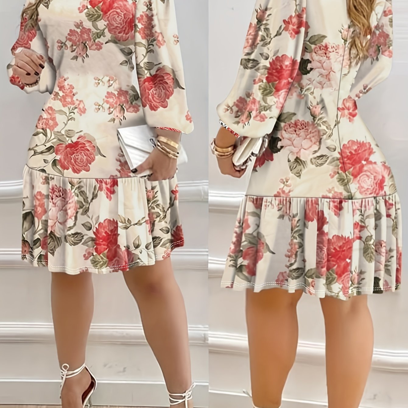 TEMU Maxi Dress For Women Featuring A - Stylish Flared Bottom, Suitable For Machine Washing, In Red, White, And Beige Prints, Perfect For Fall , Weddings, And Vacations - A Blend Of Formal And Styles