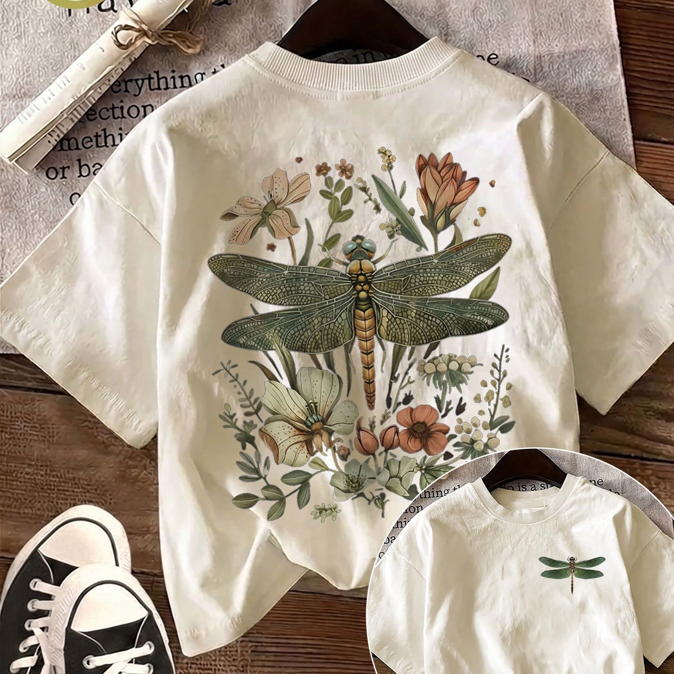 TEMU Double-sided Print Spring/summer Women's Casual Top, Vintage Style With Dragonfly, Floral, And , Short Sleeve Round Neck Pure T-shirt, 1