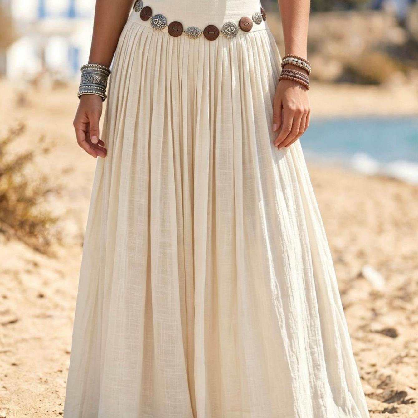 Image of Women's Maxi Skirt With Detail, Hem Beach Skirt, A-line Flowy Pleated Midi Skirt, High-waist, Solid Color, Flowy, Lightweight, Ideal For Party, Casual, Holiday