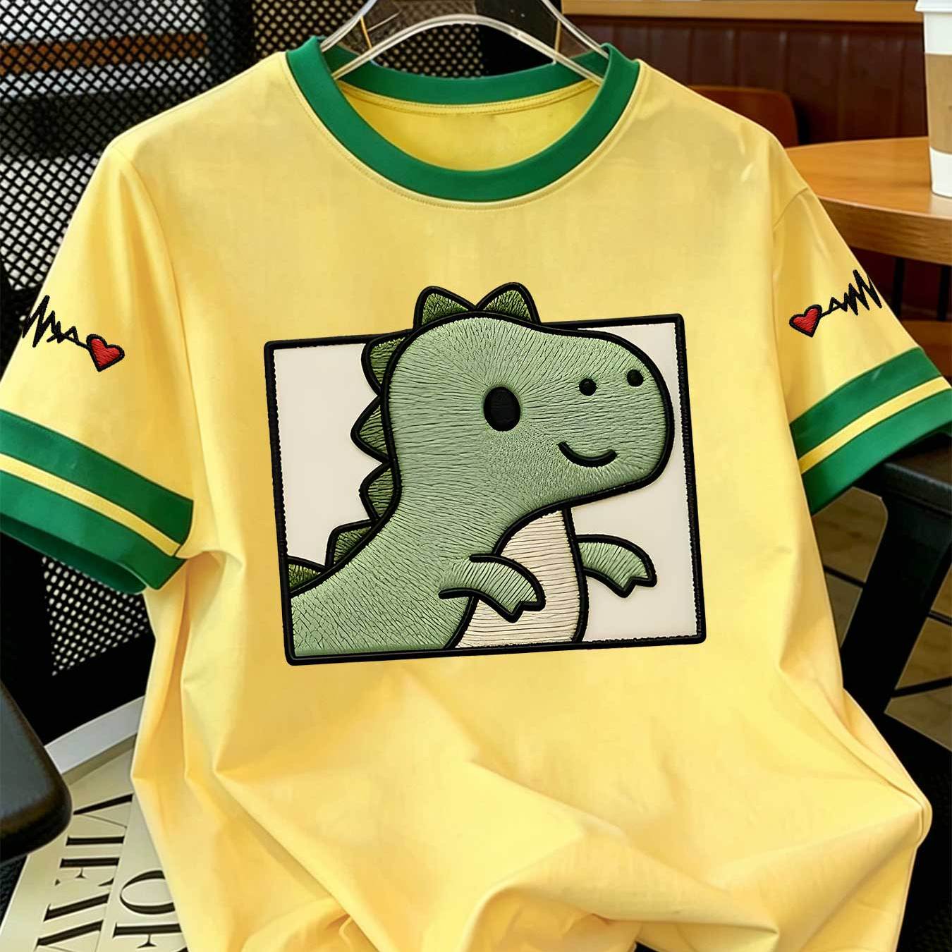 TEMU 1pc Women's Spliced Short-sleeve T-shirt With Green Textured Little Dinosaur Print, Contrast-sleeve, Color- Round Neck, Sporty , Suitable For ,