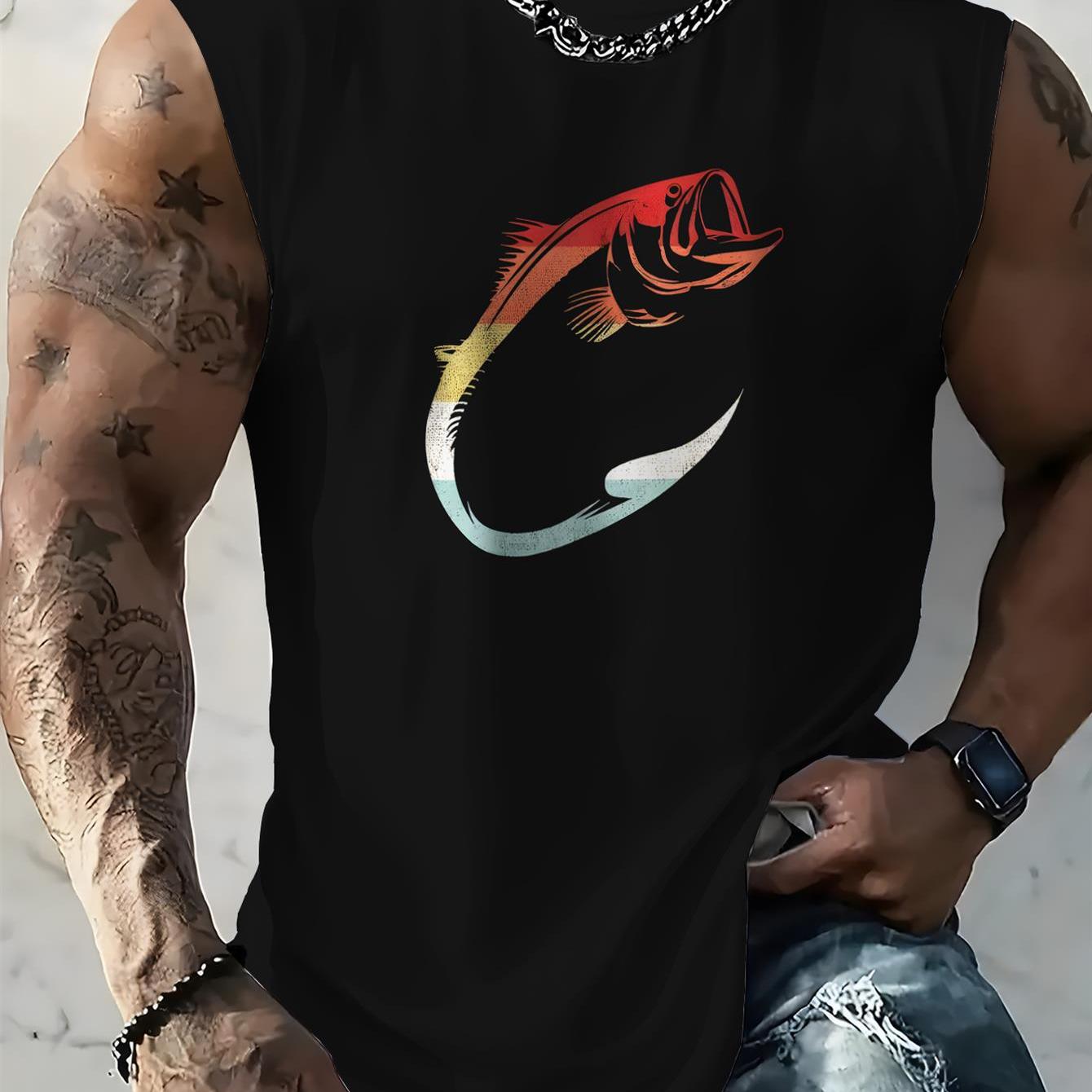 TEMU Printed Design - Not Textured Men's Casual Tank Top, Hook Print, For Summer Fishing, Outdoor Sports, And Fitness Training