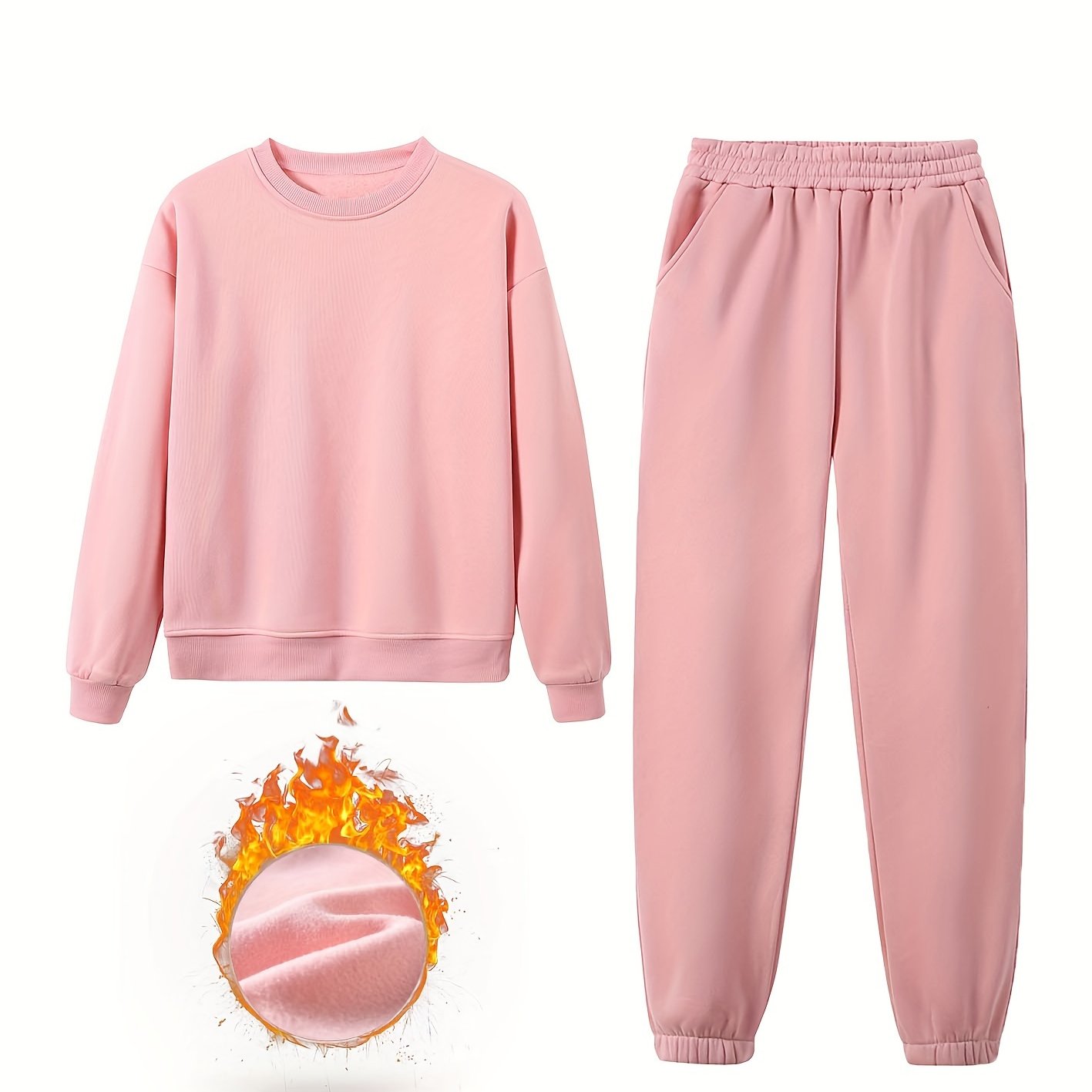 TEMU 2pcs Women's Warm Fleece Casual Round Neck Outfit, Casual Long Sleeve Top And Pants, Women's Casual Wear