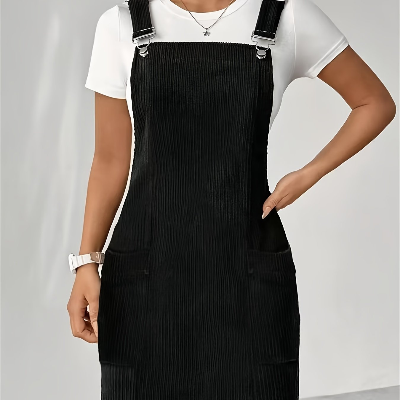 TEMU 1pc Women' Color Casual Comfortable Suspender Dress With Pockets, Elegant 2025 New Arrival Autumn Winter