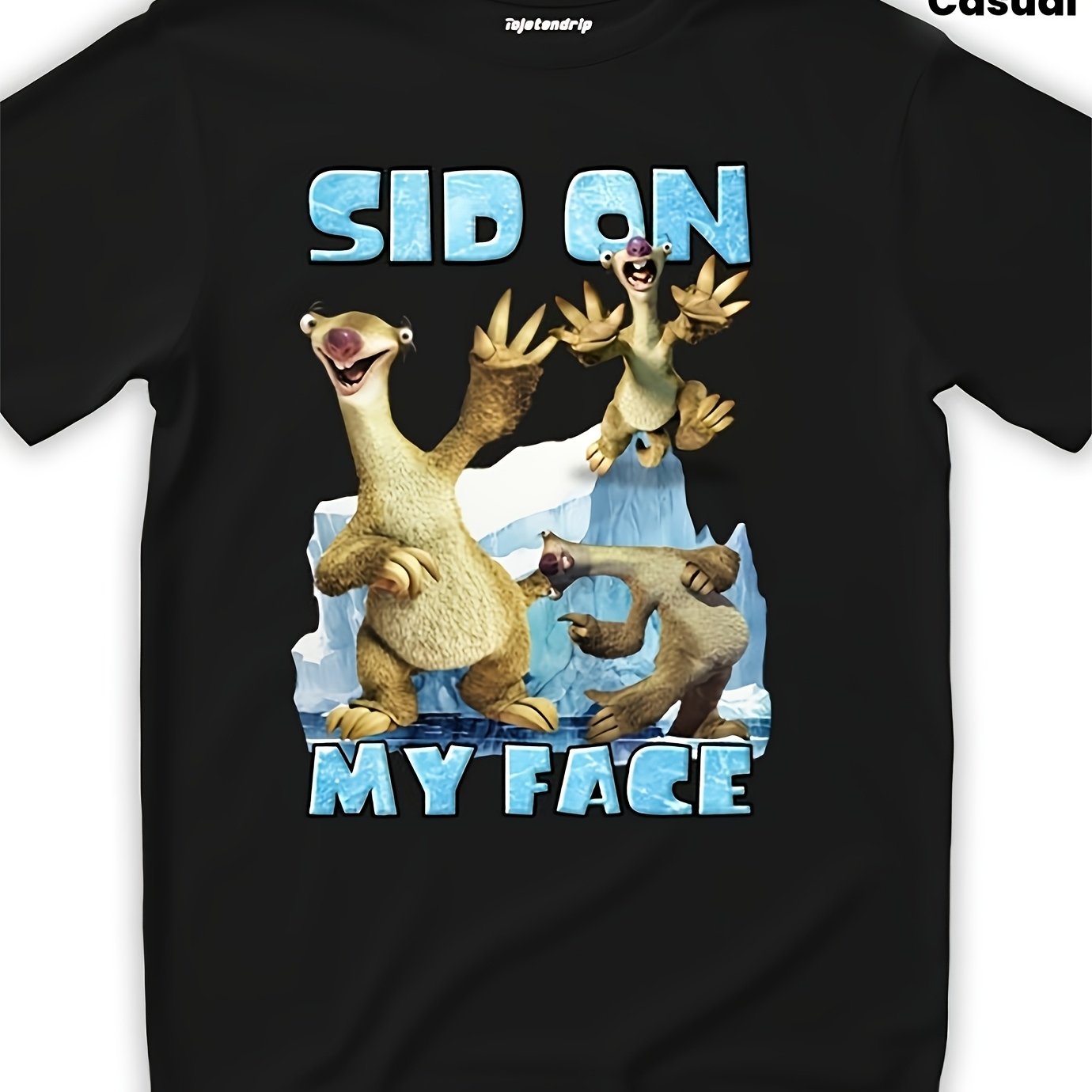 TEMU Men's Black Short Sleeve Sid On Ice Ageie Animated Sloth Character Casual Comedy And Casual Attire Tshirt Crew Neck Stretch Fabric Regular Fit