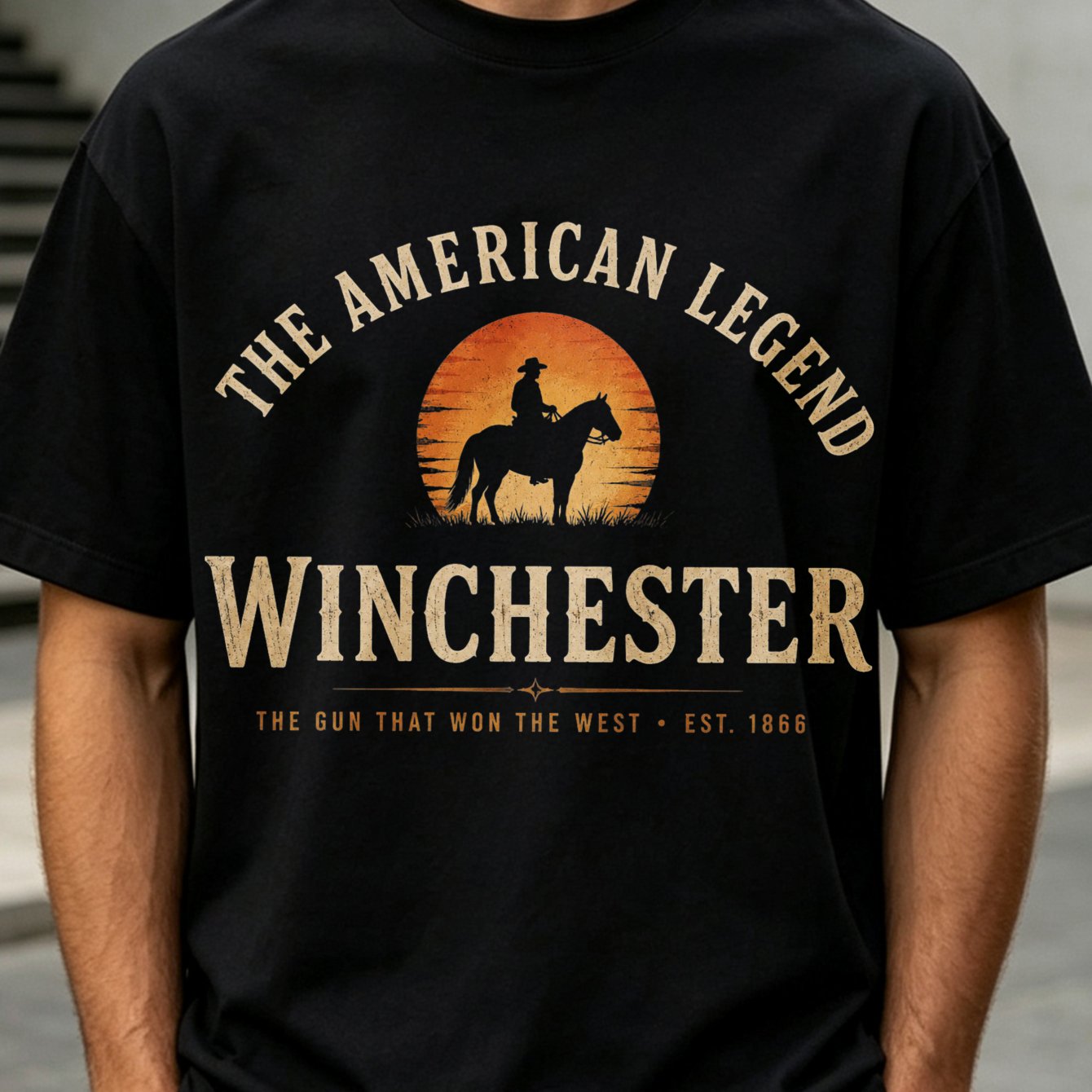 Image of Winchester Men's Vintage Western T-shirt - Distressed Cowboy & 1866 Heritage, Retro Winchester Branding, Casual Round Neck Tee Suitable For - Wear, Machine Washable For Ranch, Rodeo, Everyday Outfits