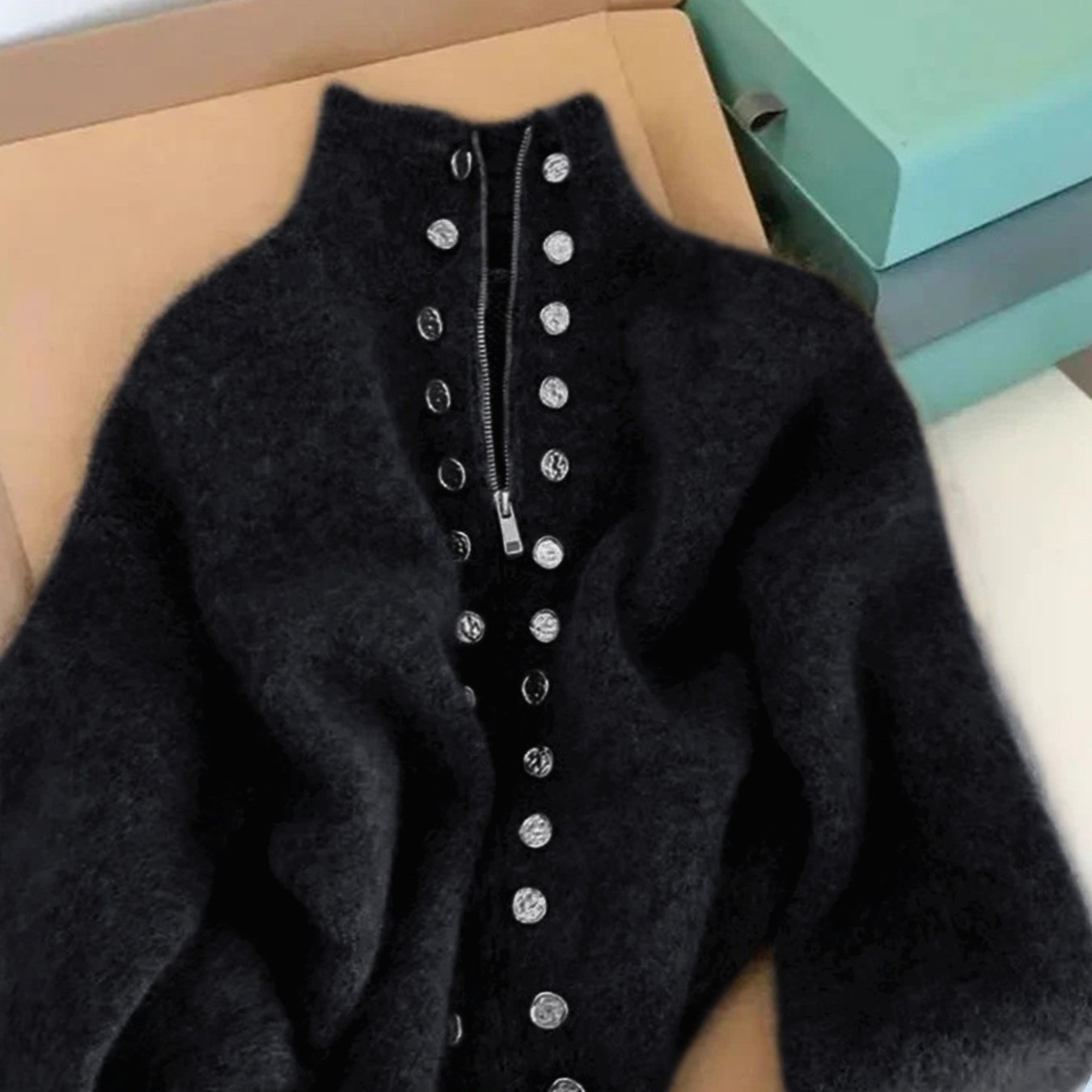TEMU 【商品名】レディース ネック カーディガン 長袖 リブ ストレッチ フェイクボタン ト ファッション 通勤 春 秋 スタイル