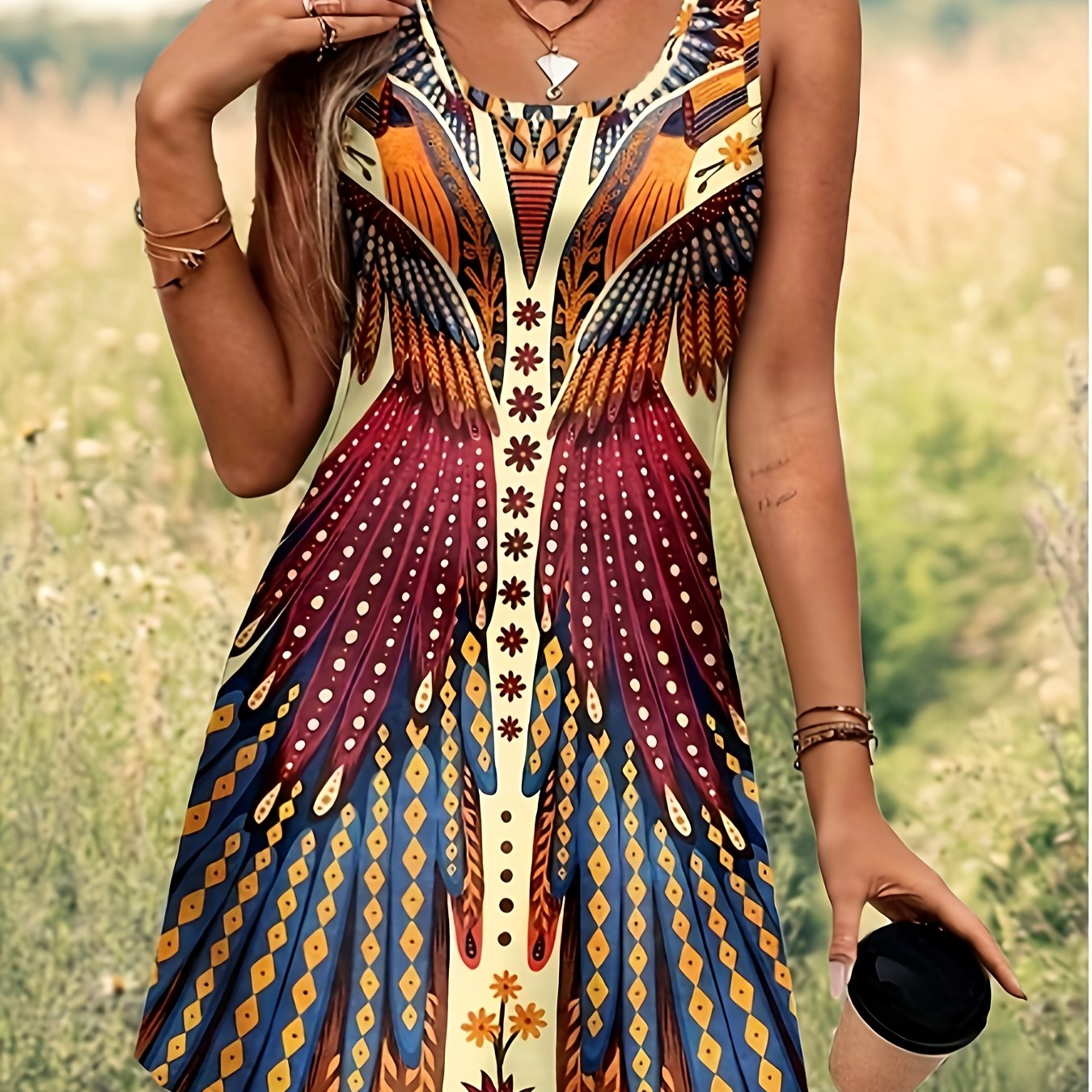E-shop Damen Elegantes A-Linien Kleid, Vintage Mode Casual Regular Style, Künstlerisches Muster Druck Ärmelloses Tanktop Rundhalskleid