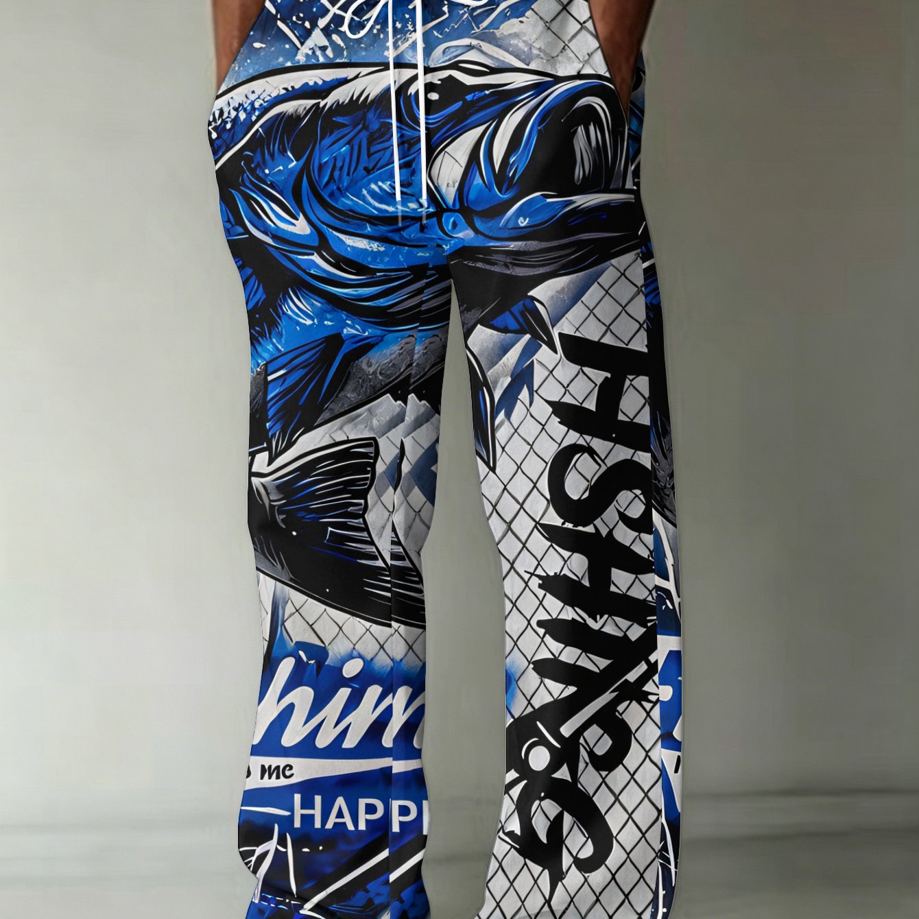 TEMU Fashion Print Men's Long Pants, Blue Fish Leaping, Net And Graffiti , Conveying Pattern, With Pockets And Drawstring Straight Trousers, Western