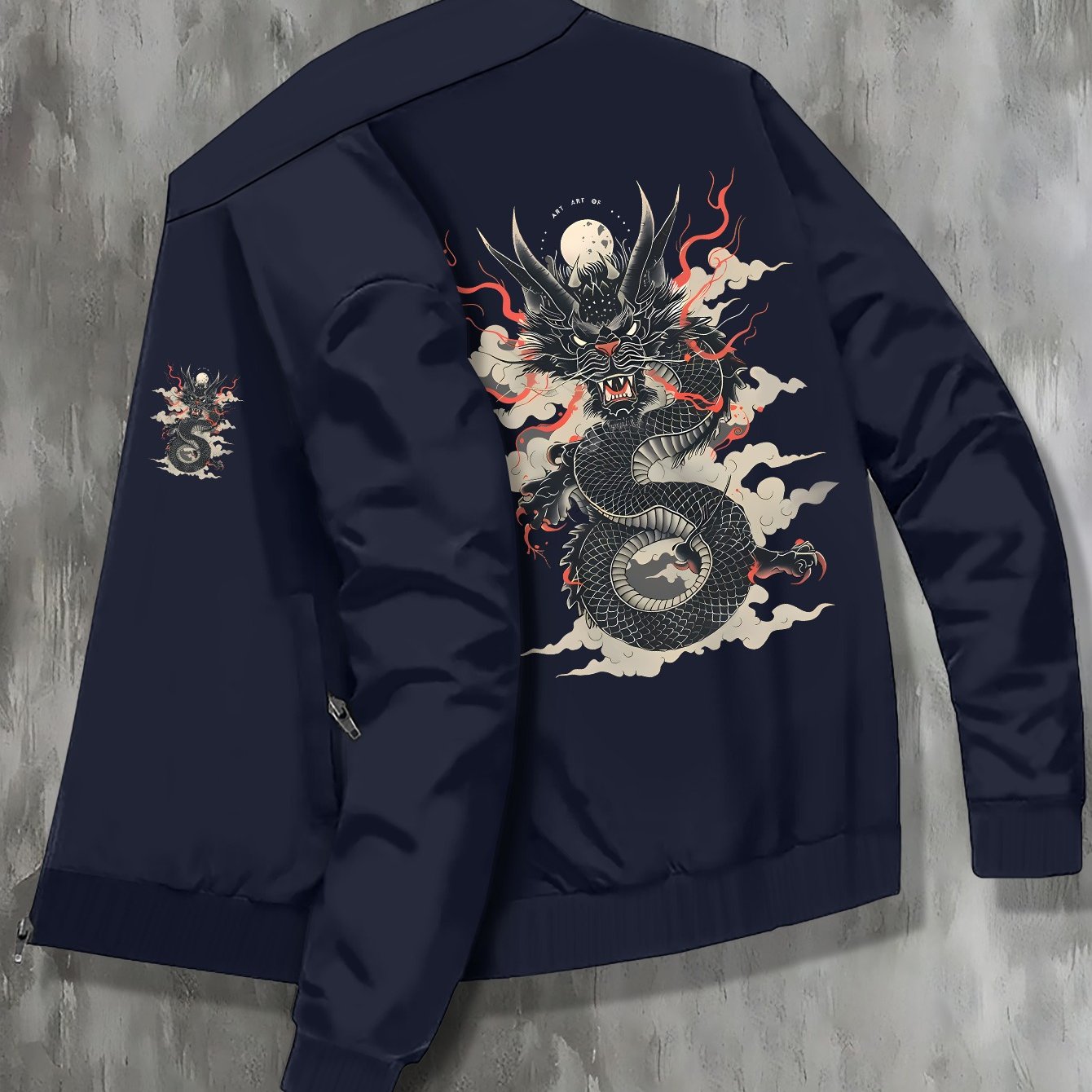 TEMU Men's Plus Size Anime Dragon Pattern Print Stand Collar Jacket, College Style Comfy Slightly Stretch Stylish Zip Up Jacket For Autumn & Winter