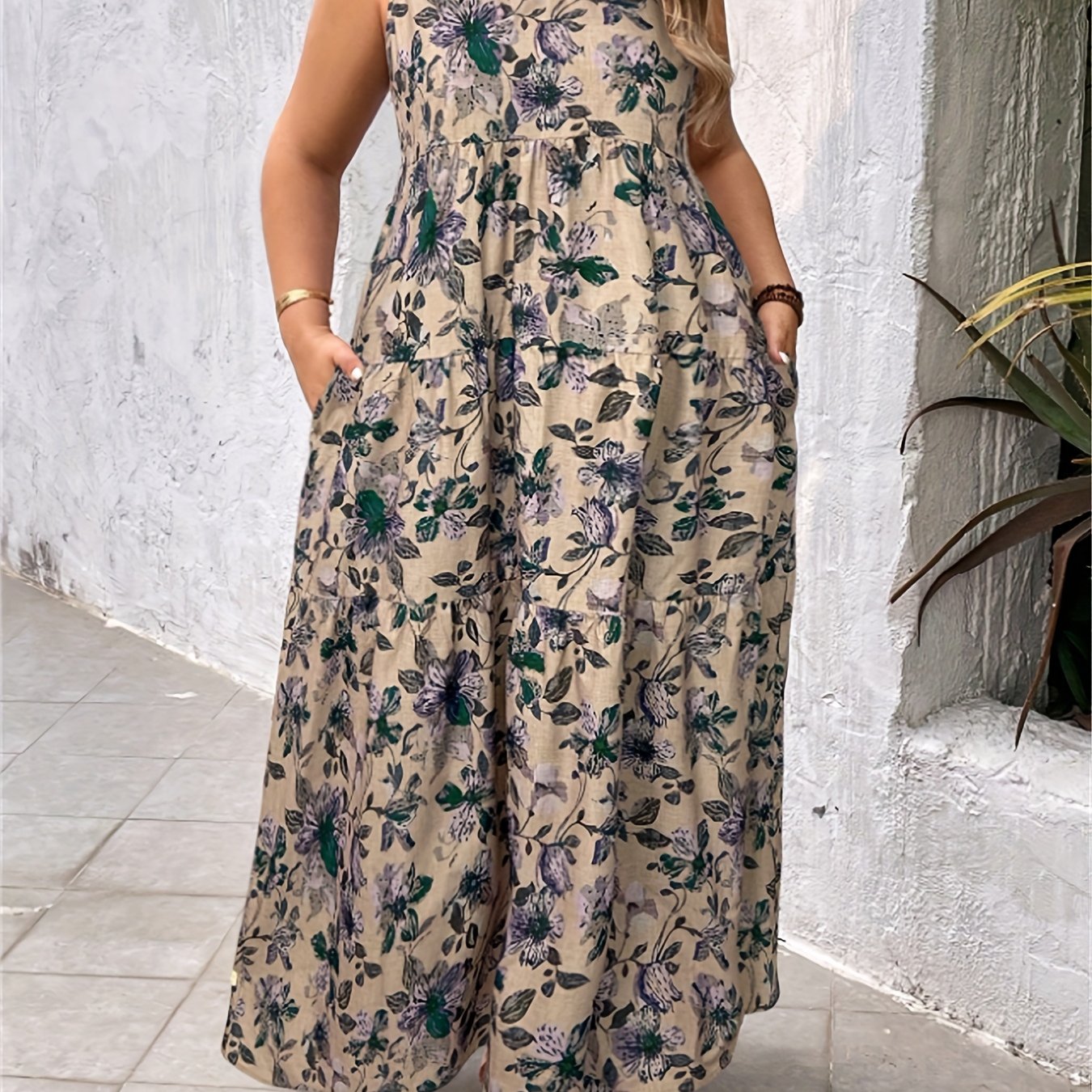 TEMU Plus Size - Plus Size - Plus Size Bohemian Style Spaghetti Strap Pocket Dress, Suitable For Summer Bohemian Floral Print Suspender Long Dress