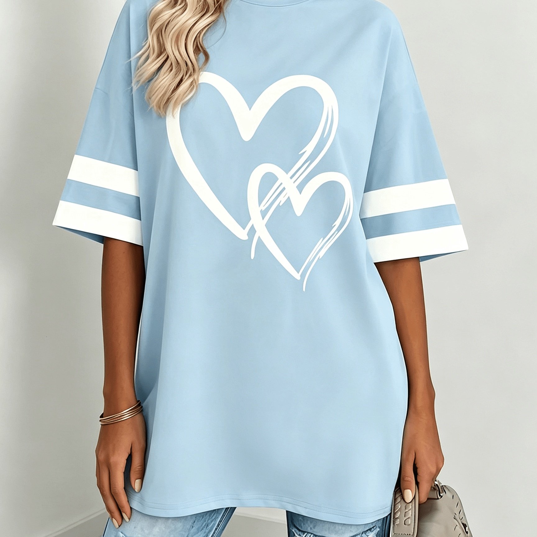 TEMU Plus Size - Women's Plus Size Casual Short Sleeve Heart Elegant Comfortable Pullover T-shirt