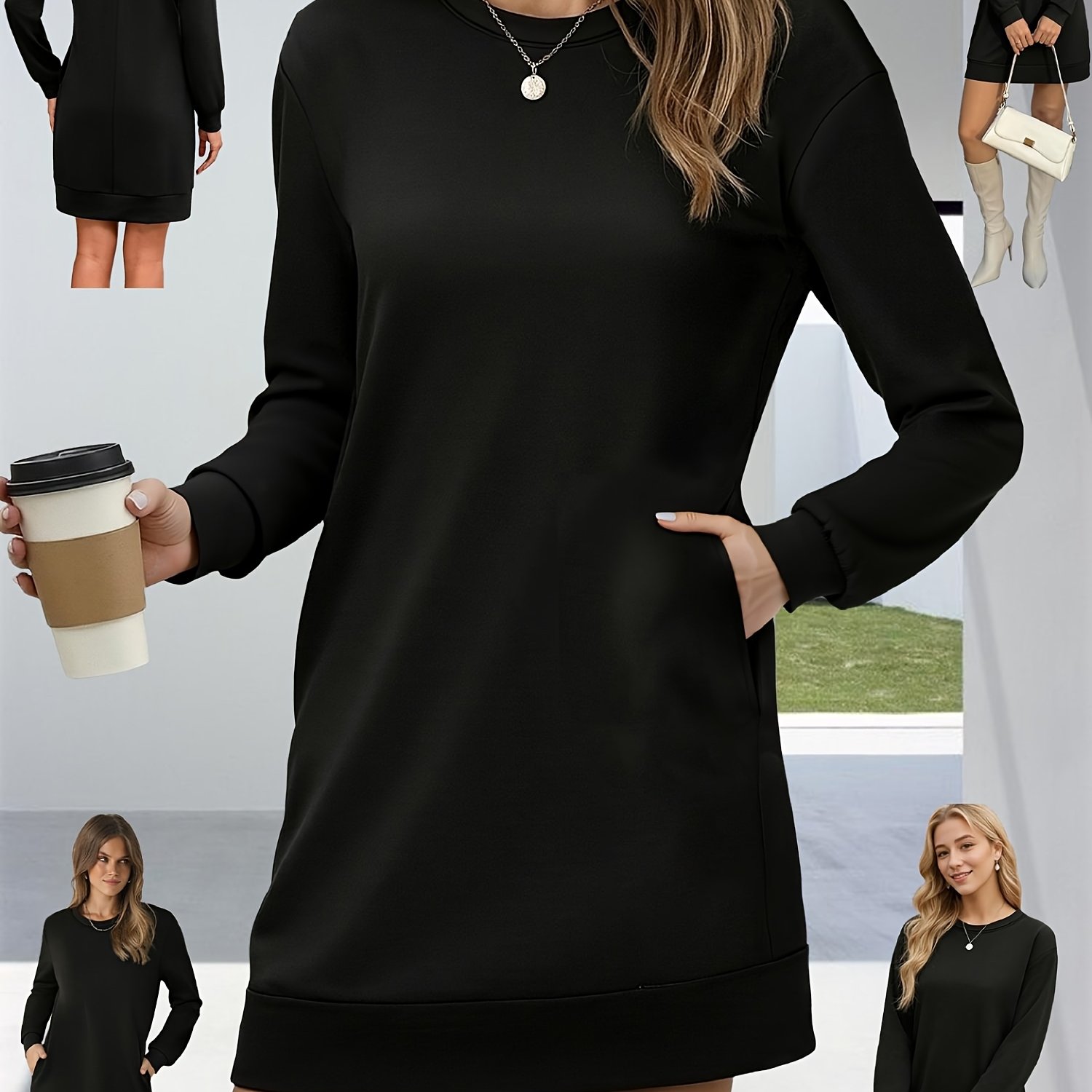TEMU Robe sweat à manches longues douce pour , style nuage, col rond, coupe longue avec poches, offrant un confort premium