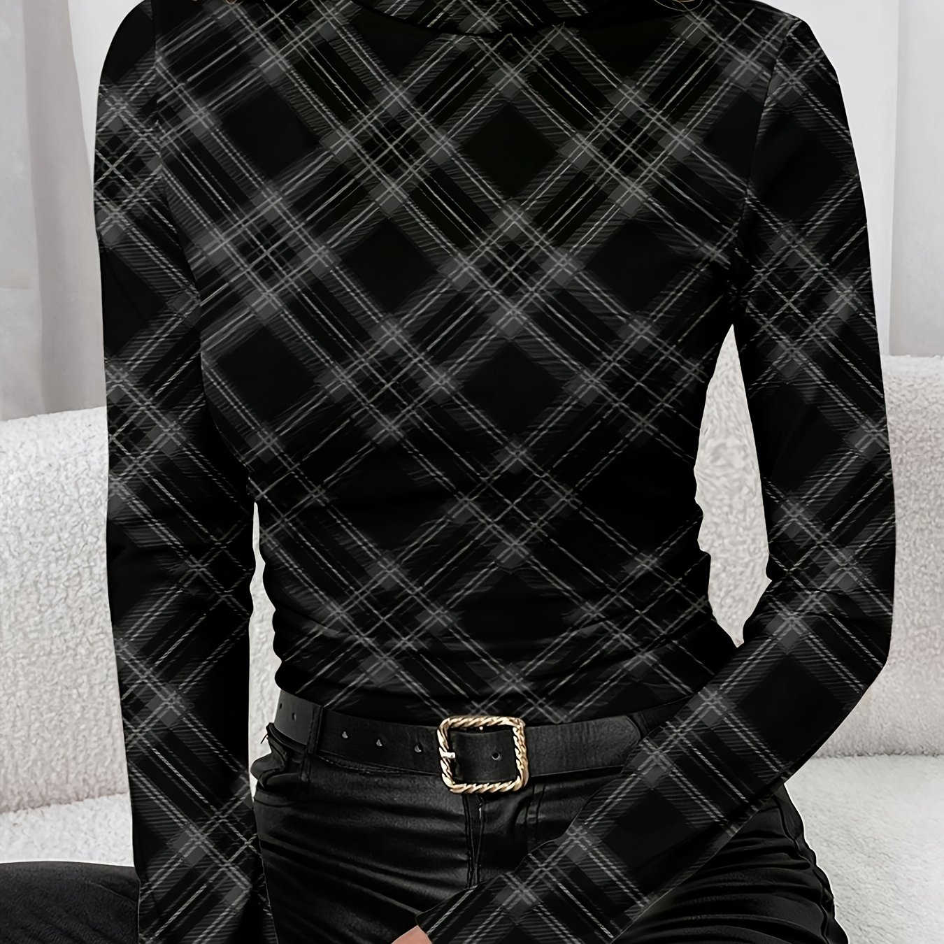 TEMU Elegant Special Edition High-neck Plaid Print Long-sleeve Base Layer, Suitable For Daily Wear, , Layering, And Commuting Casual Wear Zllz