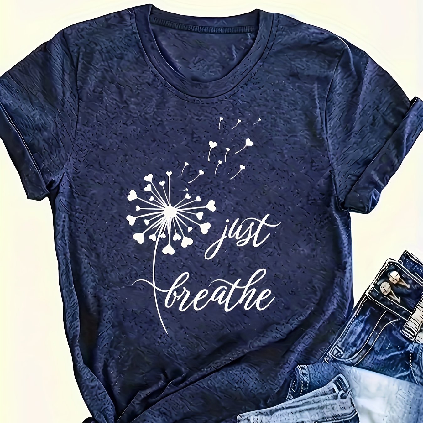 TEMU Plus Size Women's Casual Short Sleeve T-shirt | Floral Pattern And "just Breathe" Print, Navy Blue, Crew Neck, Machine Washable,