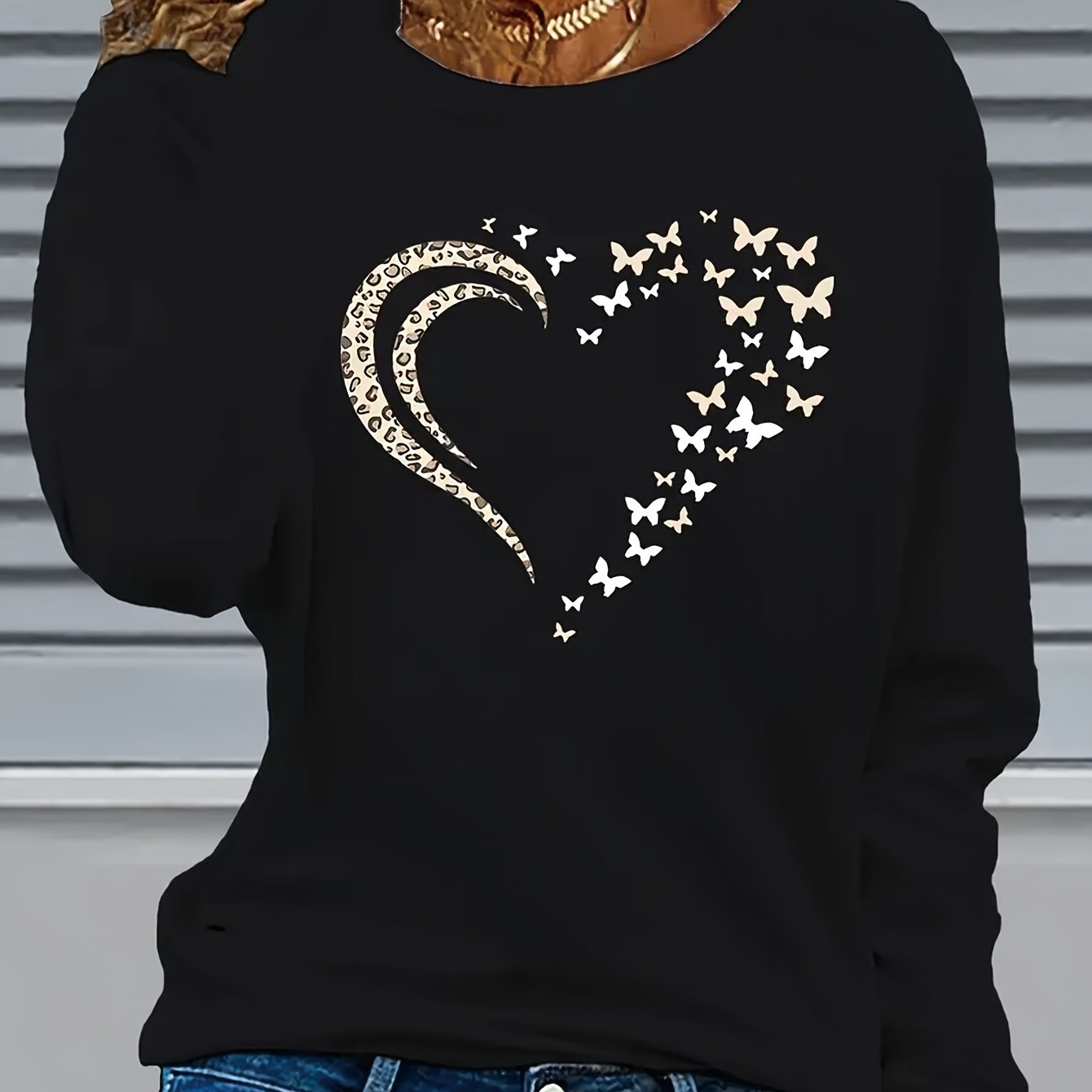 TEMU Maglietta Donna Lunga Casual con Scollo - Stampa Cuore e , Morbida Vestibilit� Regolare, Top /Inverno, Tessuto Lavabile in Lavatrice e Durevole
