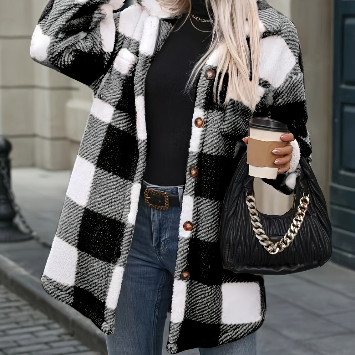 TEMU Buffalo Check Drop Shoulder Teddy Coat Women's Elegant