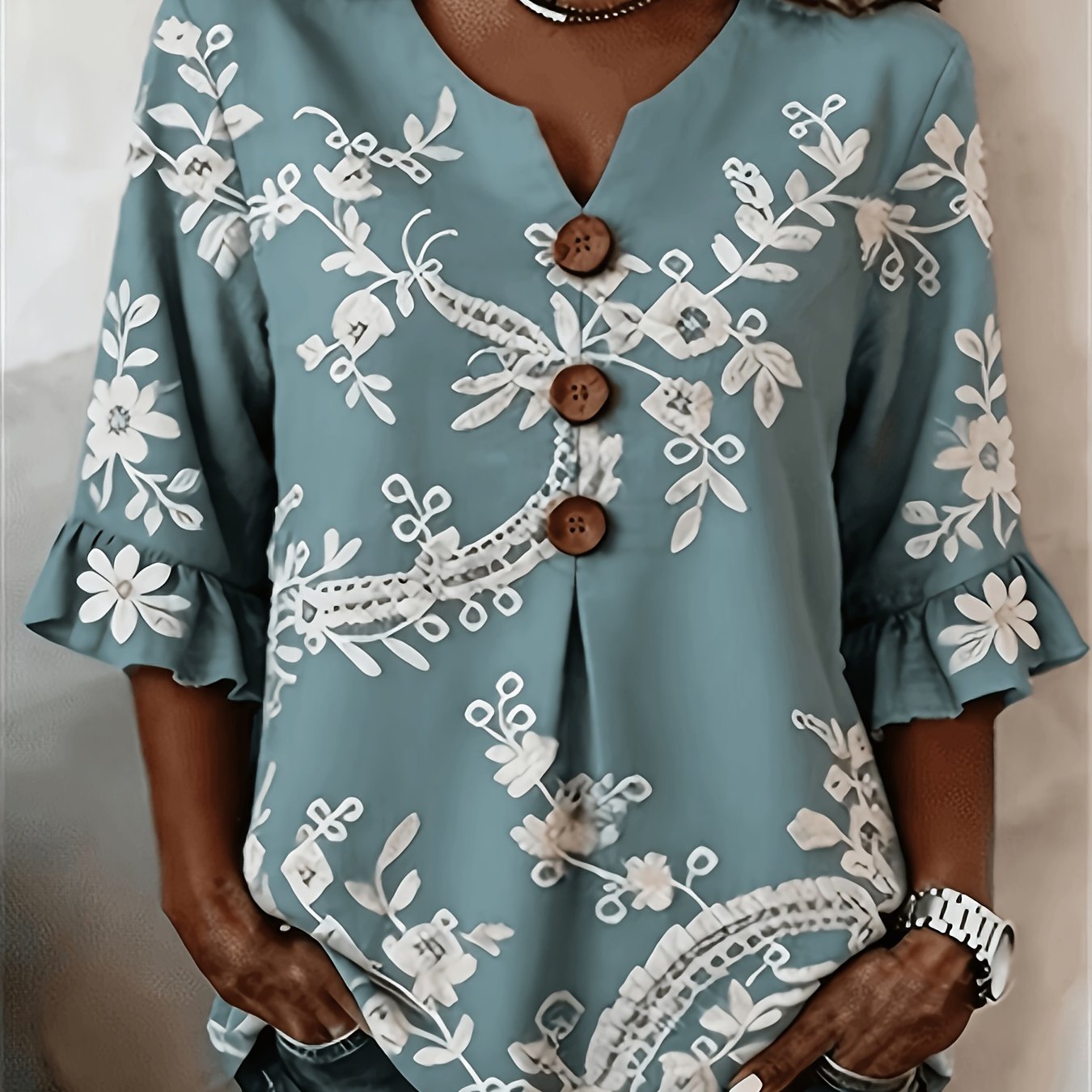 TEMU Plus Size - Plus Size - Women's Floral V-neck Short Sleeve Printed Retro Spring Summer Casual Top