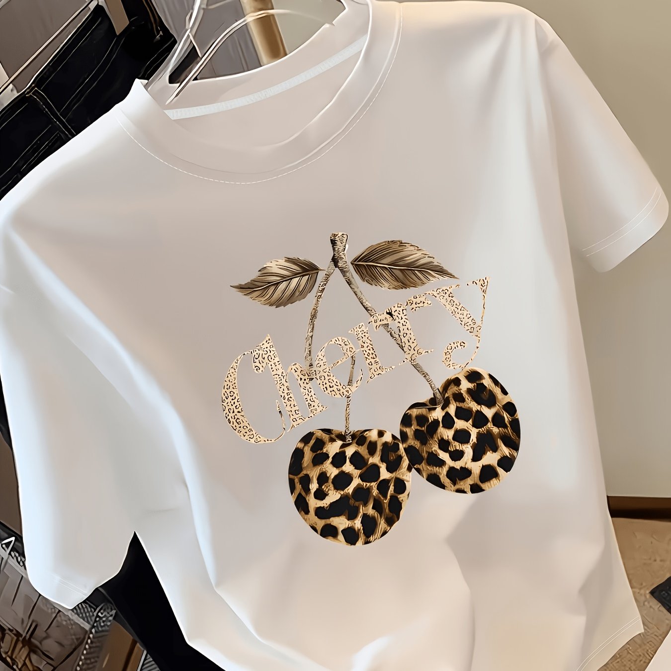 TEMU Women' Leopard Print Short Sleeve T-shirt - Round Neck Casual Blouse Top With Non- Opaque Fabric, Machine Washable Suitable For , Versatile