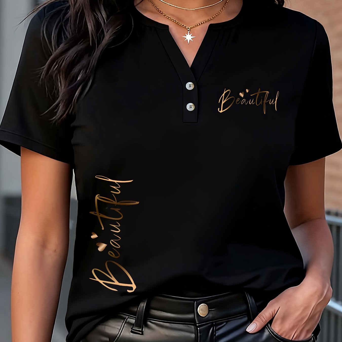 TEMU Artistic Letter Print With 2 Patterns, V-neck, And Henley Tie-button Sexy Design Women's T-shirt, Suitable For (spring, Summer, Autumn, Winter).